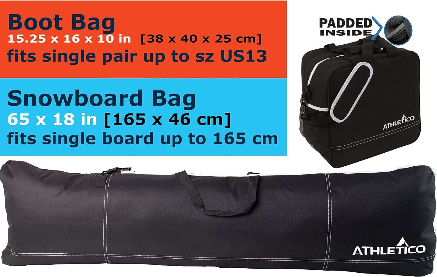 Athletico Padded Two-Piece Snowboard and Boot Bag Combo - Store & Transport Snowboard Up to 165 CM and Boots Up To Size 13 - 2