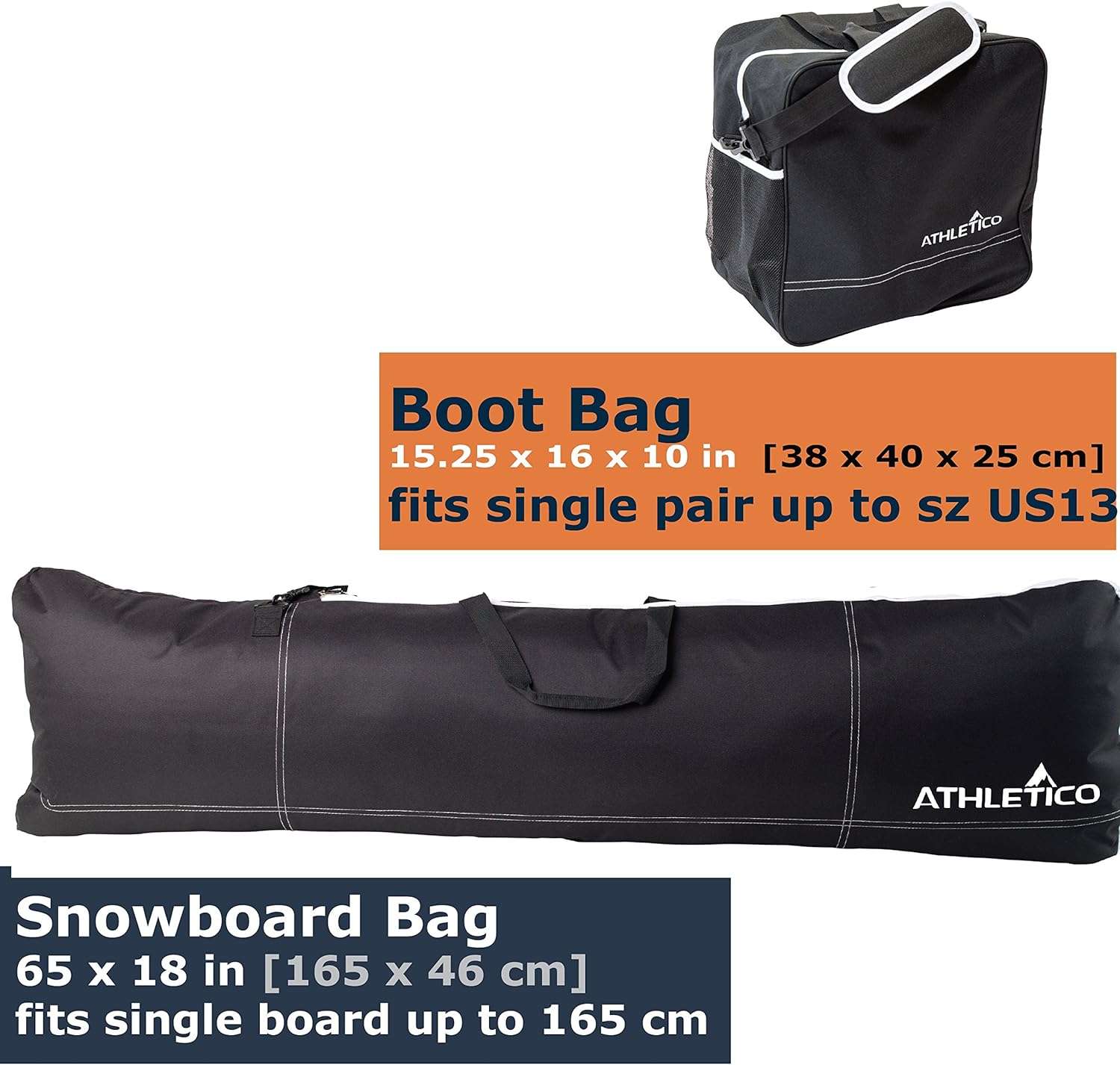 Athletico Two-Piece Snowboard and Boot Bag Combo - Store & Transport Snowboard Up to 165 CM and Boots Up To Size 13 - Includes 1 Snowboard Bag & 1 Boot Bag - 2