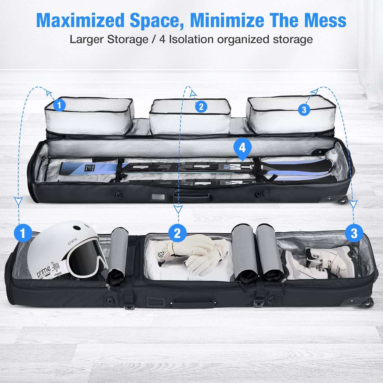 DASHINGNOAH Rolling Double Ski Bag,Snowboard Bag with Wheel,Padded Waterproof Ski Bags for Air Travel,Fits Single Ski or 2 Sets Skis - 2