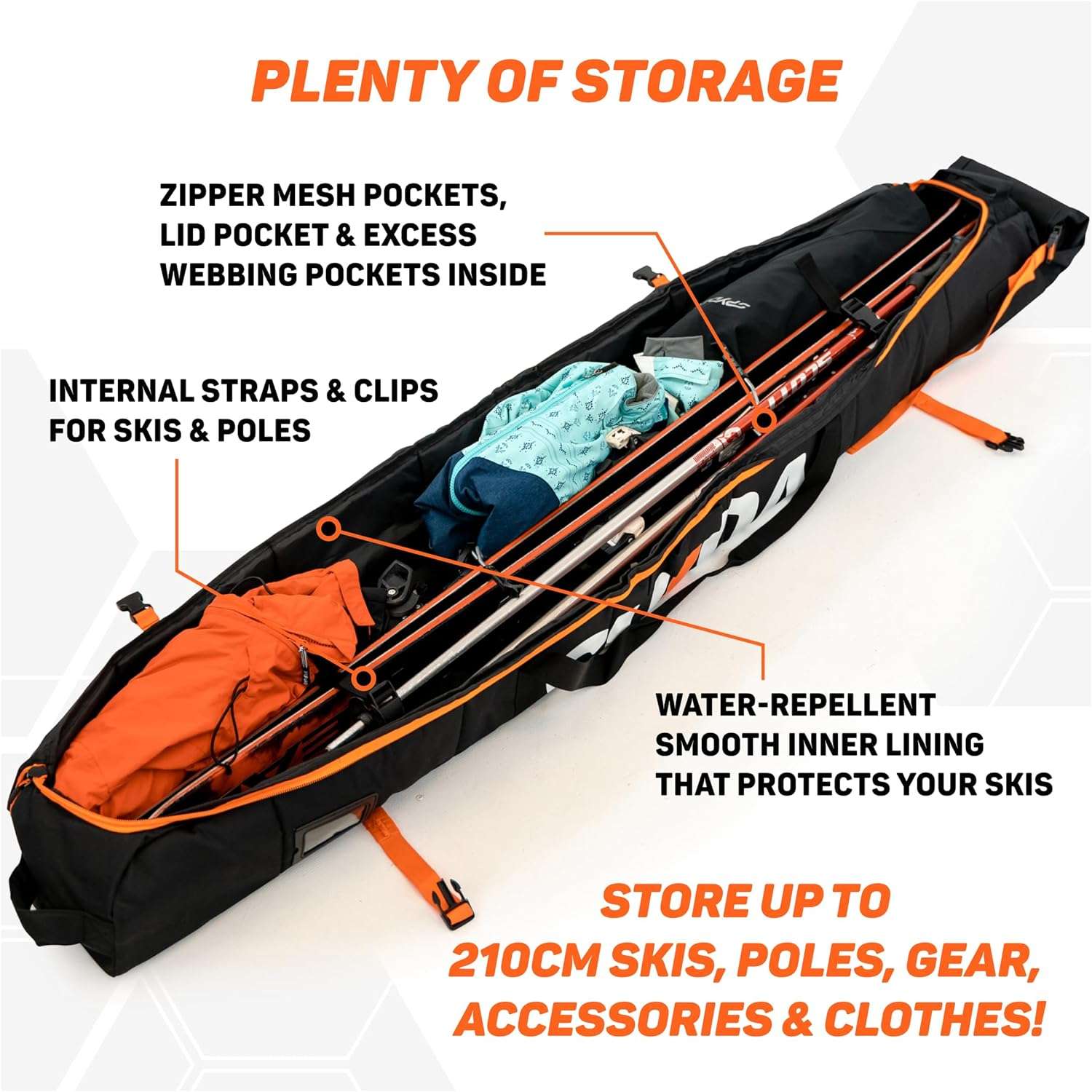 Premium Padded Ski Bag for Air Travel - Single Ski Carry Bags for Cross Country, Downhill, Ski Clothes, Snow Gear, Poles and Accessories for Ski Carrier Travel Luggage Case - 2