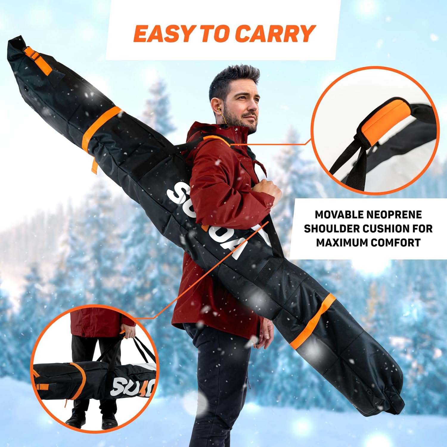 Premium Padded Ski Bag for Air Travel - Single Ski Carry Bags for Cross Country, Downhill, Ski Clothes, Snow Gear, Poles and Accessories for Ski Carrier Travel Luggage Case - 7