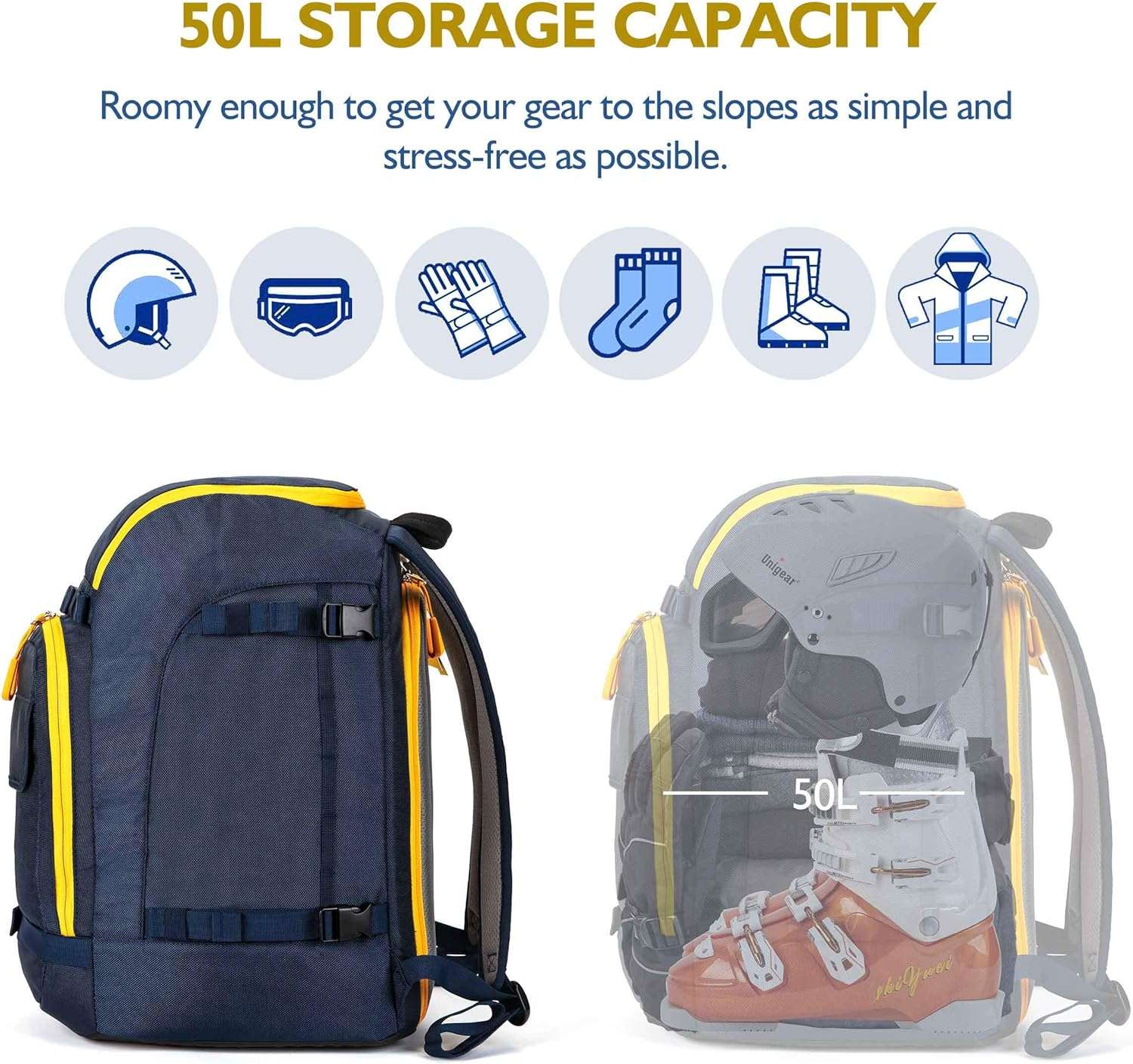 Unigear Ski Boot Bag, 50L Ski Boot Travel Backpack for Ski Helmet, Goggles, Gloves, Skis, Snowboard & Accessories - 2