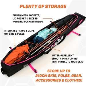 Premium Padded Ski Bag for Air Travel - Single Ski Carry Bags for Cross Country, Downhill, Ski Clothes, Snow Gear, Poles and Accessories for Ski Carrier Travel Luggage Case - 2