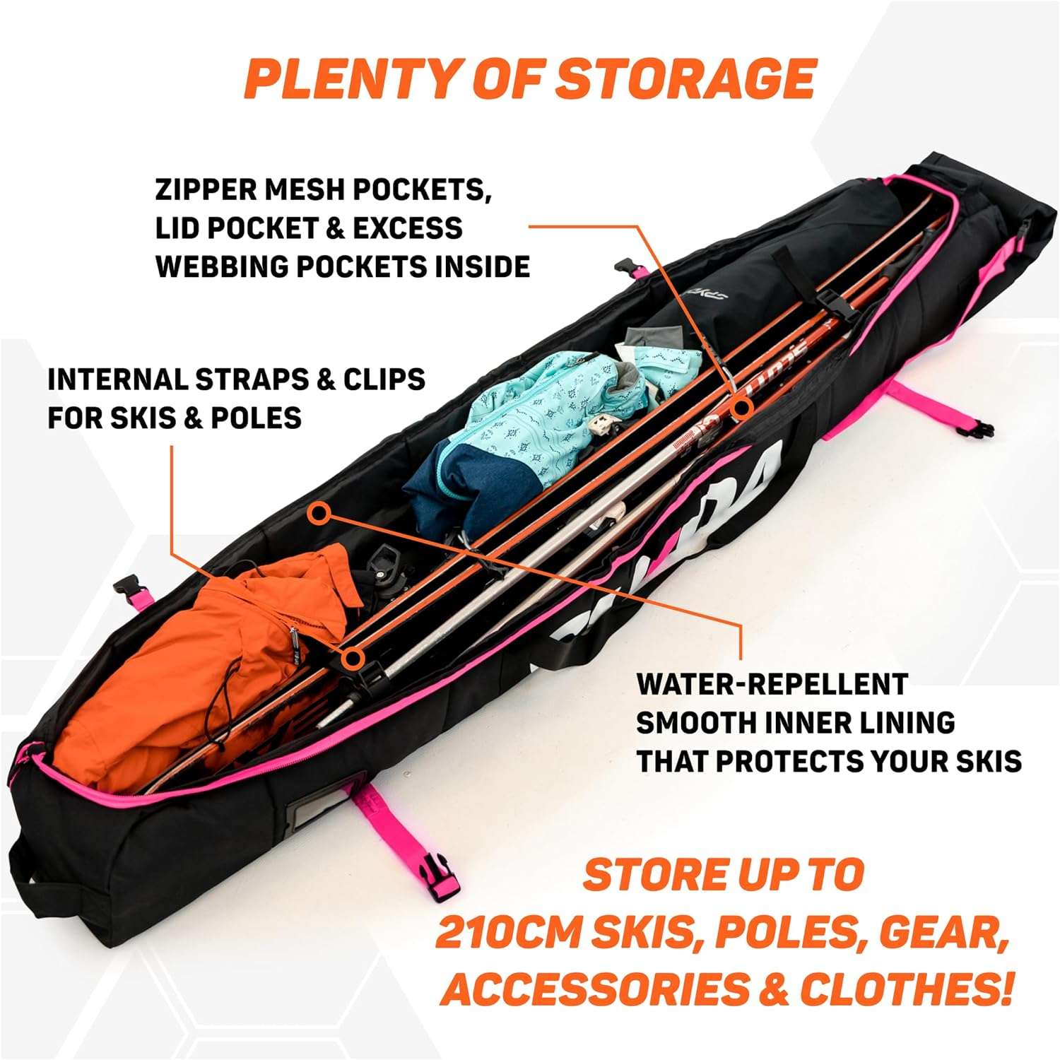 Premium Padded Ski Bag for Air Travel - Single Ski Carry Bags for Cross Country, Downhill, Ski Clothes, Snow Gear, Poles and Accessories for Ski Carrier Travel Luggage Case - 2