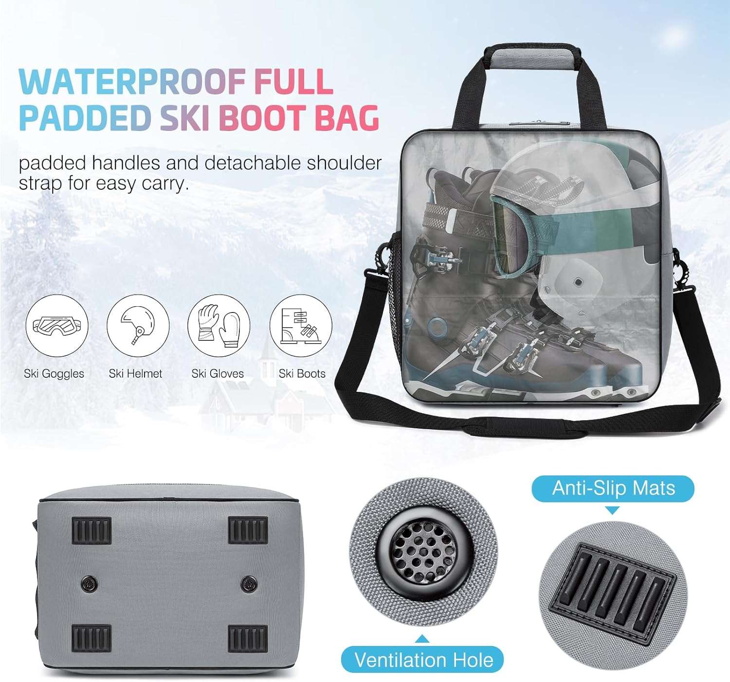 Ski Bag and Ski Boot Bag Combo, Full Padded Waterproof Ski Bag for Air Travel, Adjustable Length Fit Skis Up to 200cm, Boots Up To Size 13, Portable Snow Travel Ski Bags & Boot Bags Set - 4