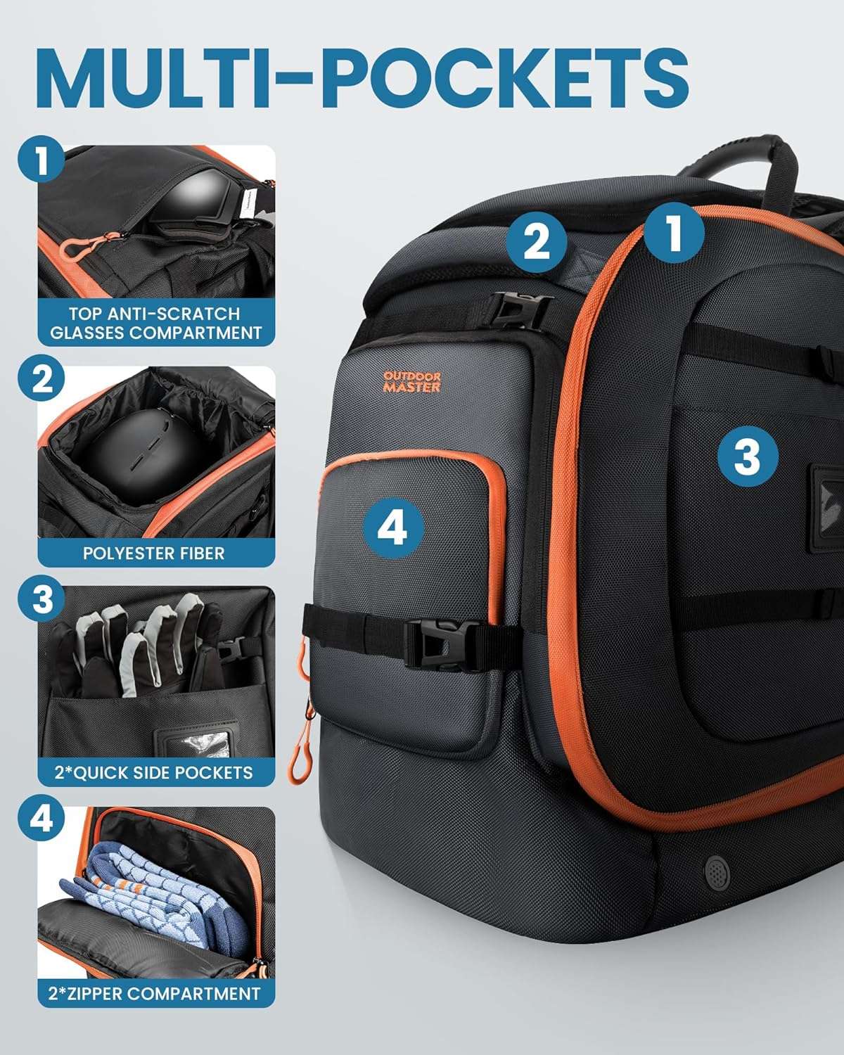 OutdoorMaster Ski Boot Bag, 65L Waterproof Ski Snowboard Boots Shoulder Pad Skiing Backpack for Helmets, Goggles Men & Women - 5