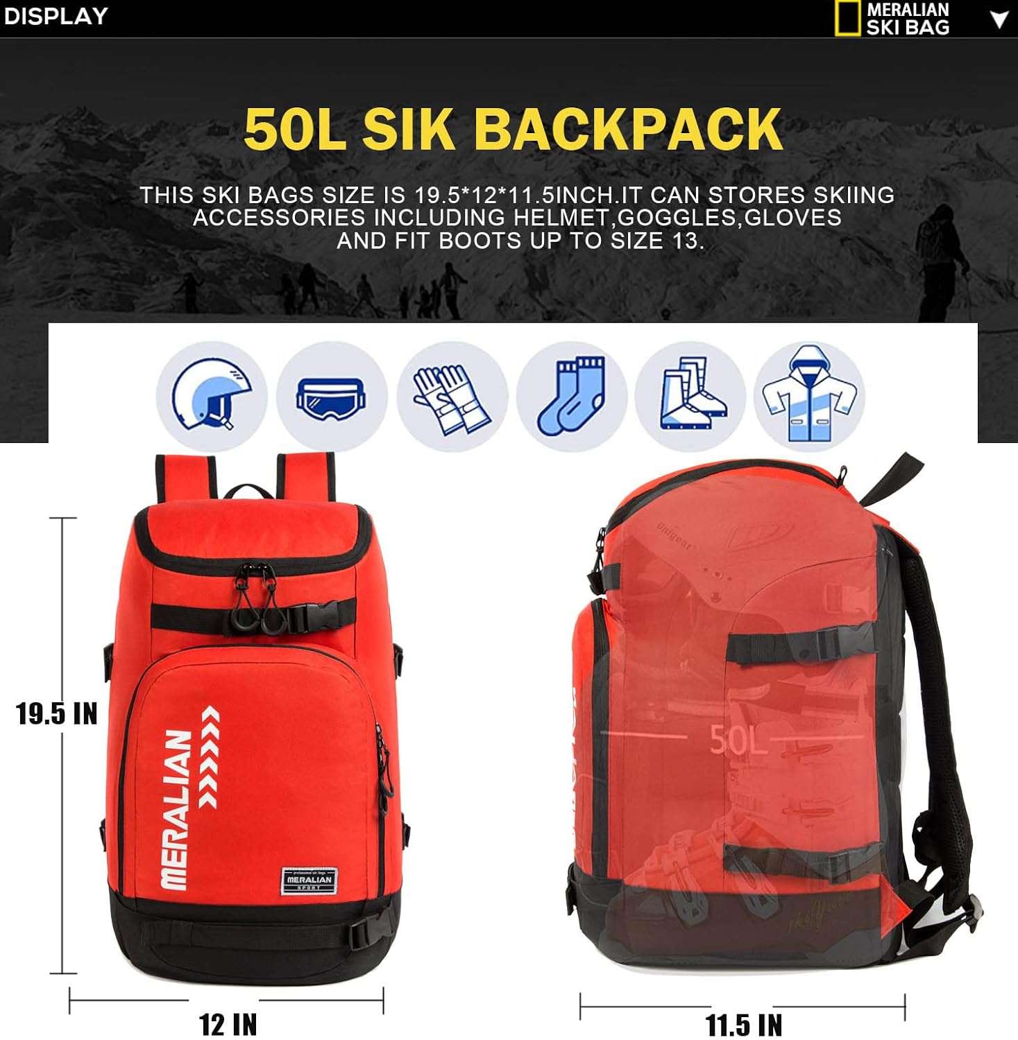 Ski Boot Bag - 50L Ski Boot Travel Backpack Waterproof Snowboard Boot Backpack for Travel Stores Gear Including Helmet, Goggles and Outerwear. - 4