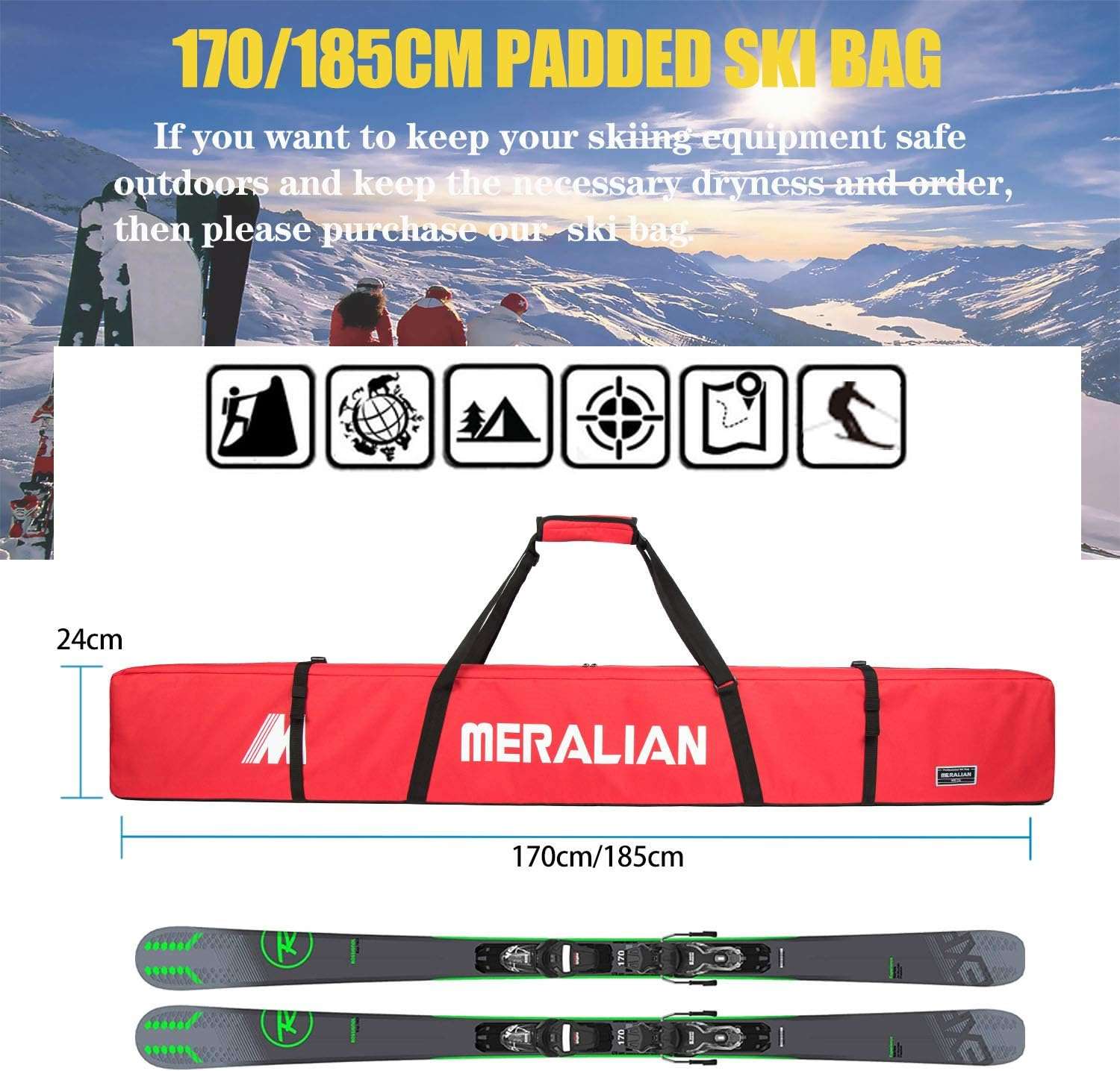 Padded Ski Bag,Waterproof Full Padded Single Ski Travel Bag with Adjustable Shoulder Strap. - 3