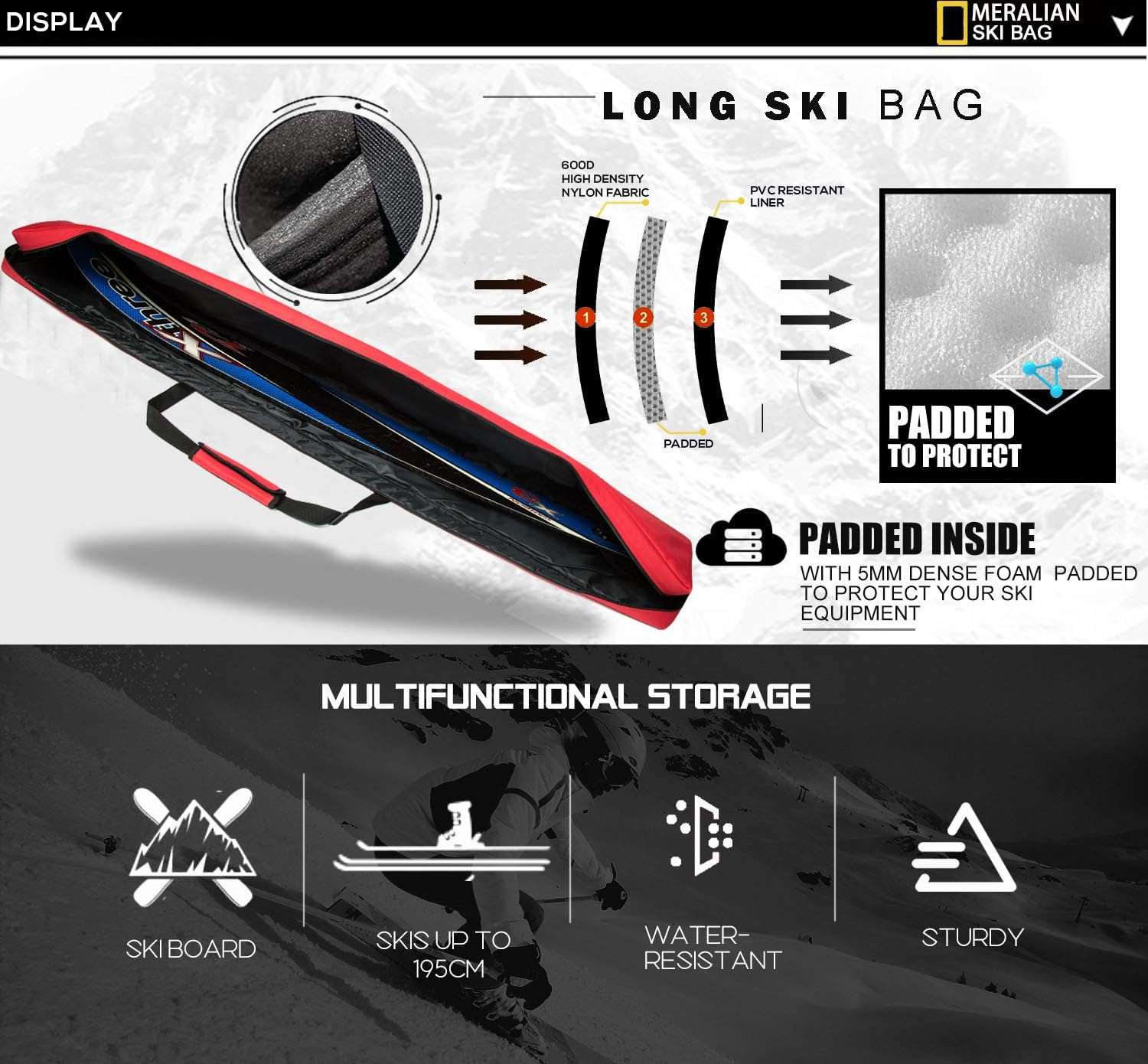 Padded Ski Bag,Waterproof Full Padded Single Ski Travel Bag with Adjustable Shoulder Strap. - 4