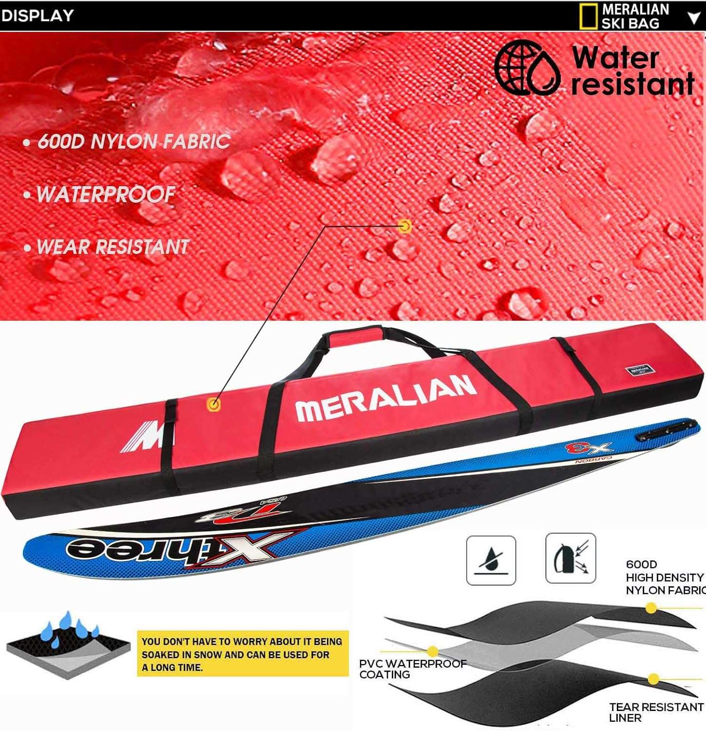 Padded Ski Bag,Waterproof Full Padded Single Ski Travel Bag with Adjustable Shoulder Strap. - 5