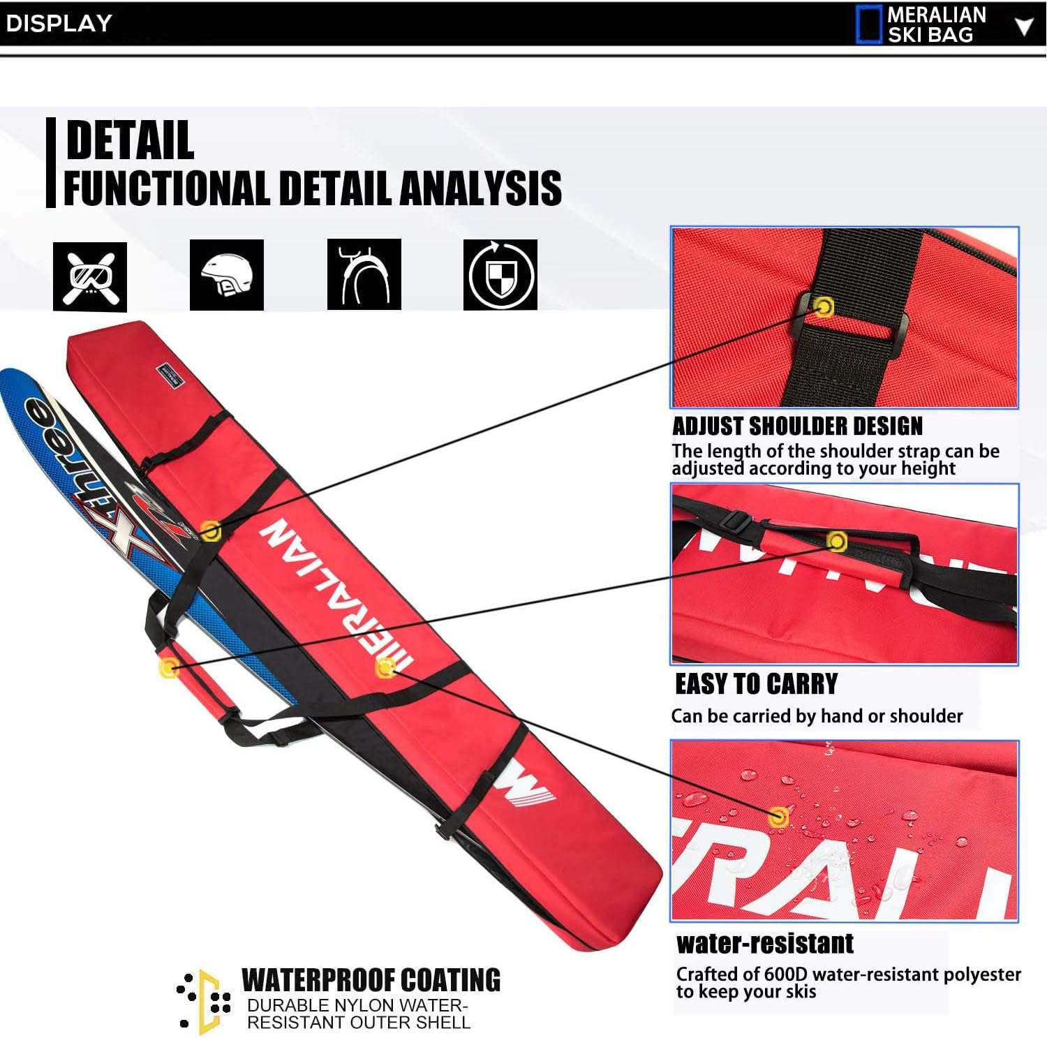 Padded Ski Bag,Waterproof Full Padded Single Ski Travel Bag with Adjustable Shoulder Strap. - 6