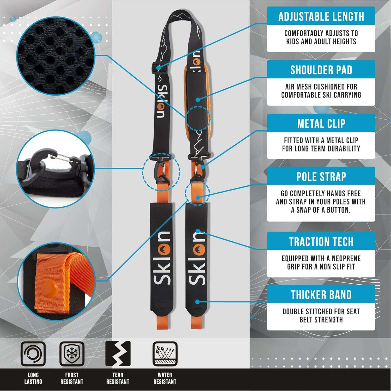 Sklon Ski Strap and Pole Carrier - Avoid The Struggle and Effortlessly Transport Your Ski Gear Everywhere You Go - Features Cushioned Shoulder Sling - Great for Families - Men, Women and Kids - Orange - 2