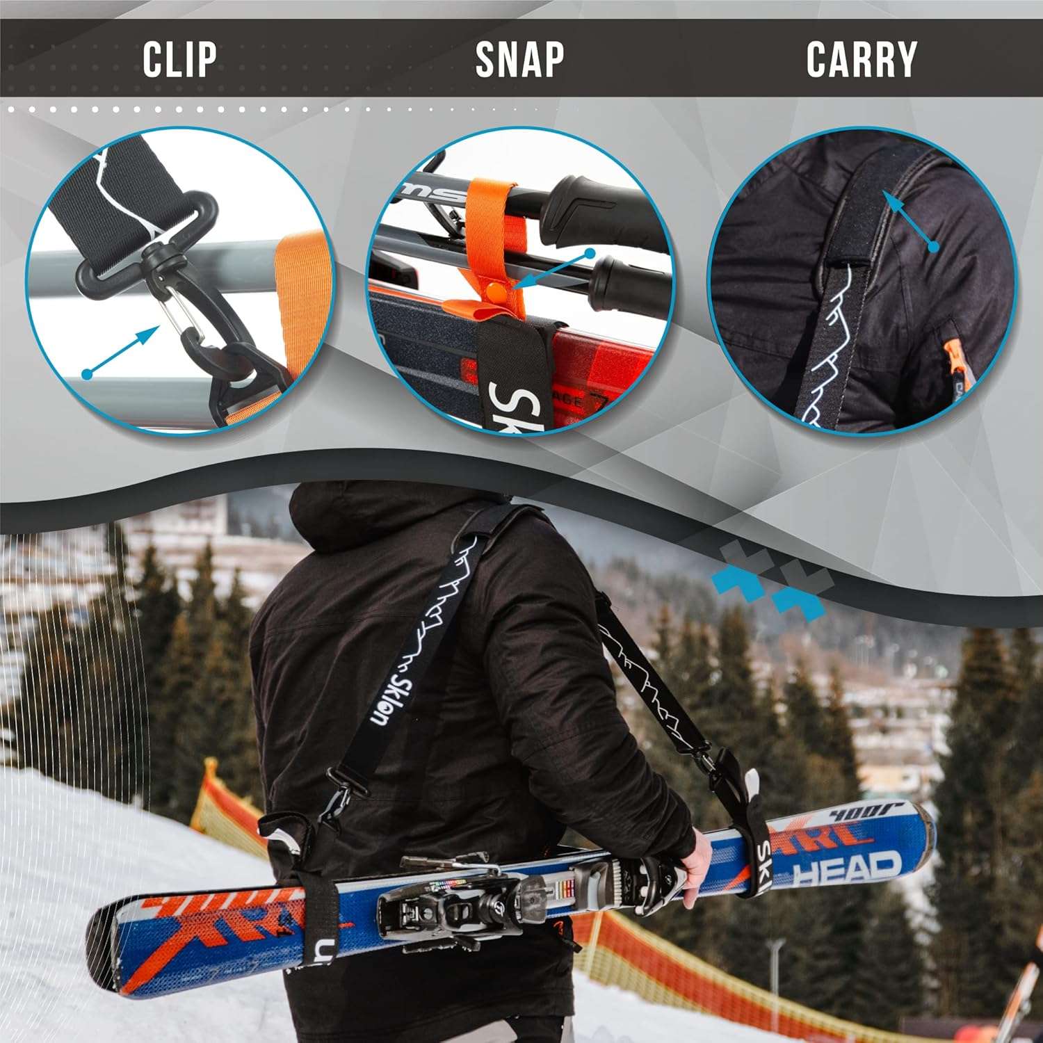 Sklon Ski Strap and Pole Carrier - Avoid The Struggle and Effortlessly Transport Your Ski Gear Everywhere You Go - Features Cushioned Shoulder Sling - Great for Families - Men, Women and Kids - Orange - 5