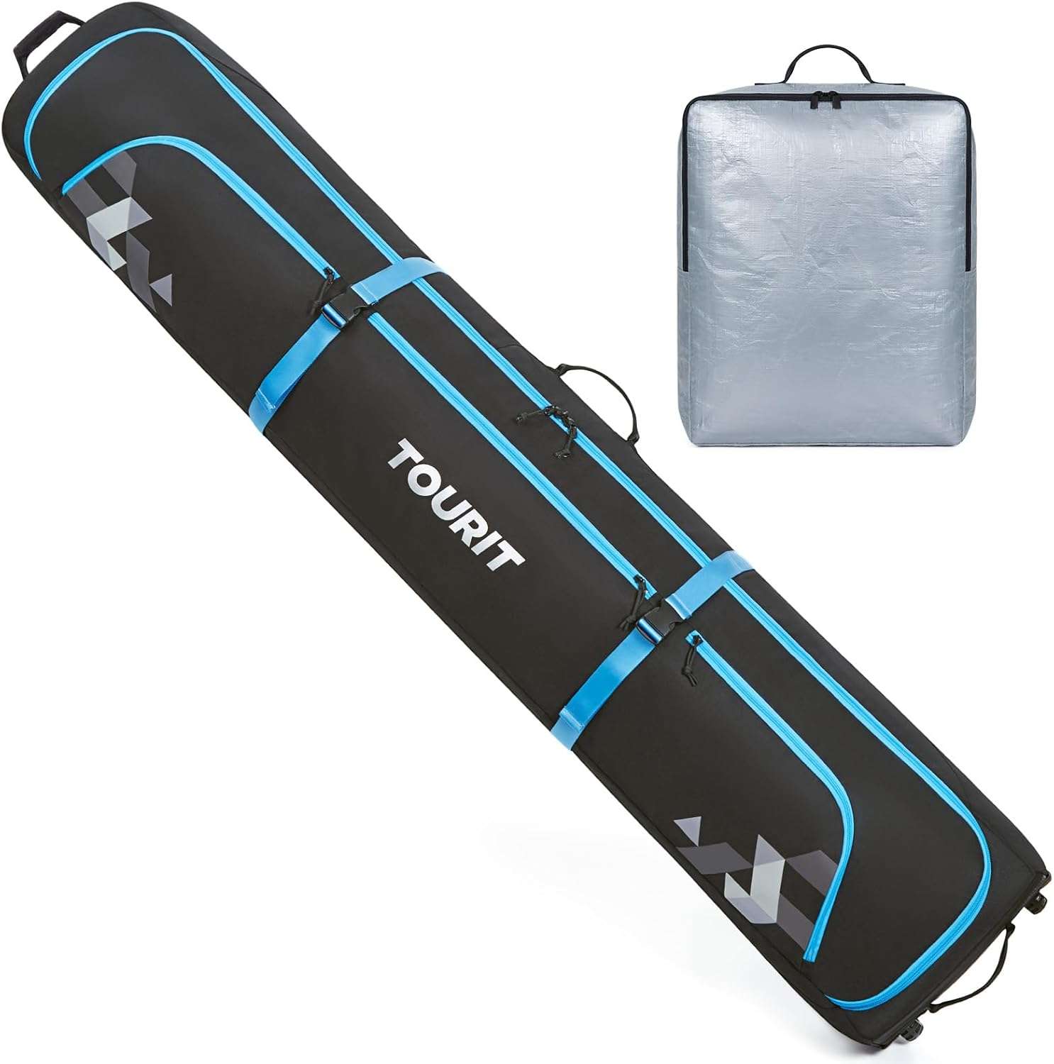 TOURIT Rolling Ski Bag and Ski Boot Bag Combo - Fully Padded Ski Bag with Wheels for Air Travel, Water-Resistant 900D Oxford Fabric, Foldable Wheeled Ski Bag Holds 2 Pairs of Skis - 1