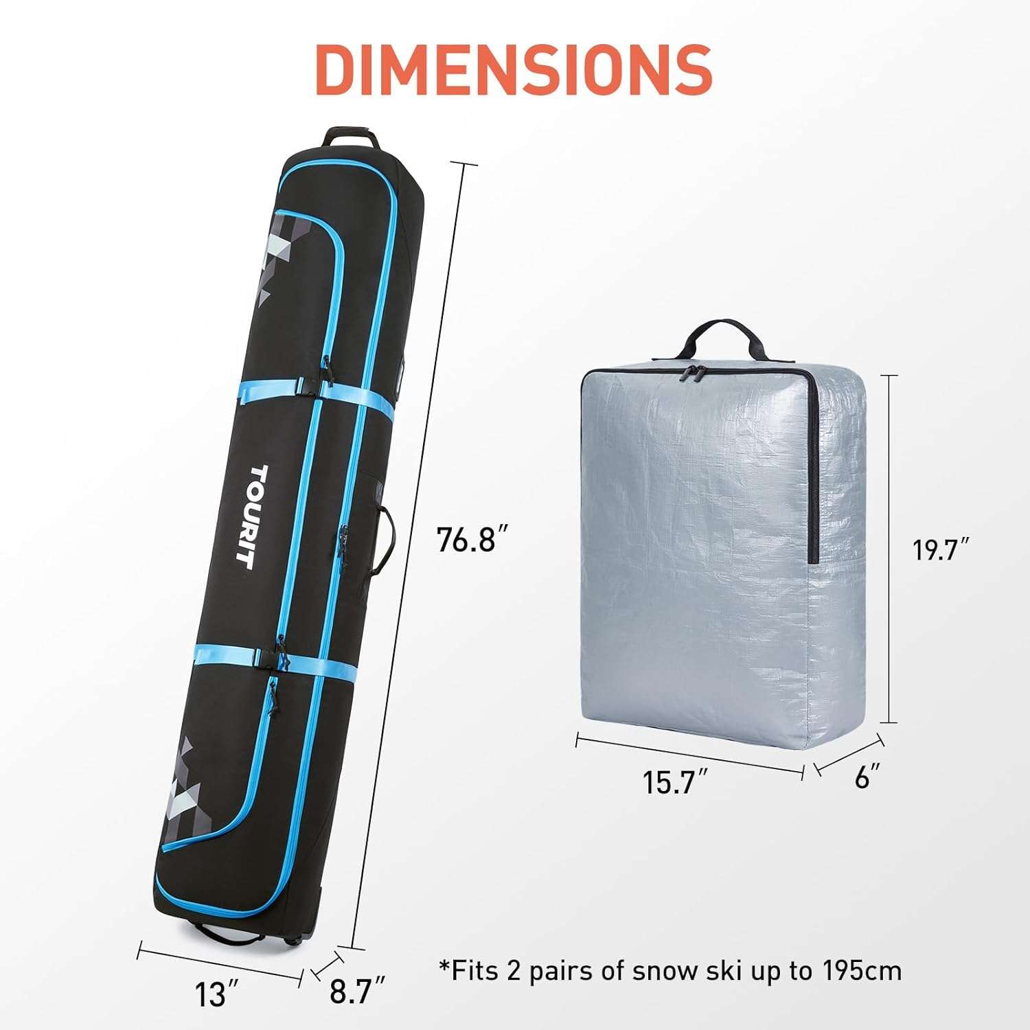 TOURIT Rolling Ski Bag and Ski Boot Bag Combo - Fully Padded Ski Bag with Wheels for Air Travel, Water-Resistant 900D Oxford Fabric, Foldable Wheeled Ski Bag Holds 2 Pairs of Skis - 6