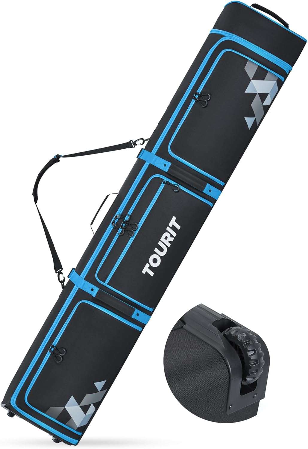 TOURIT Ski Bag with Wheels, Padded Snowboard Bag for Air Travel, Extendable from 170-185CM, 3 Outside Bags Fit ski boots, helmets, goggles - 1