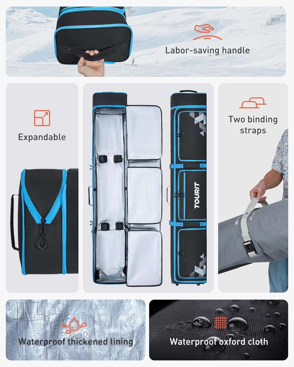 TOURIT Ski Bag with Wheels, Padded Snowboard Bag for Air Travel, Extendable from 170-185CM, 3 Outside Bags Fit ski boots, helmets, goggles - 2