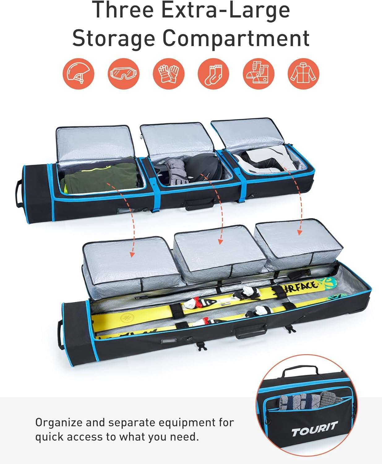 TOURIT Ski Bag with Wheels, Padded Snowboard Bag for Air Travel, Extendable from 170-185CM, 3 Outside Bags Fit ski boots, helmets, goggles - 4