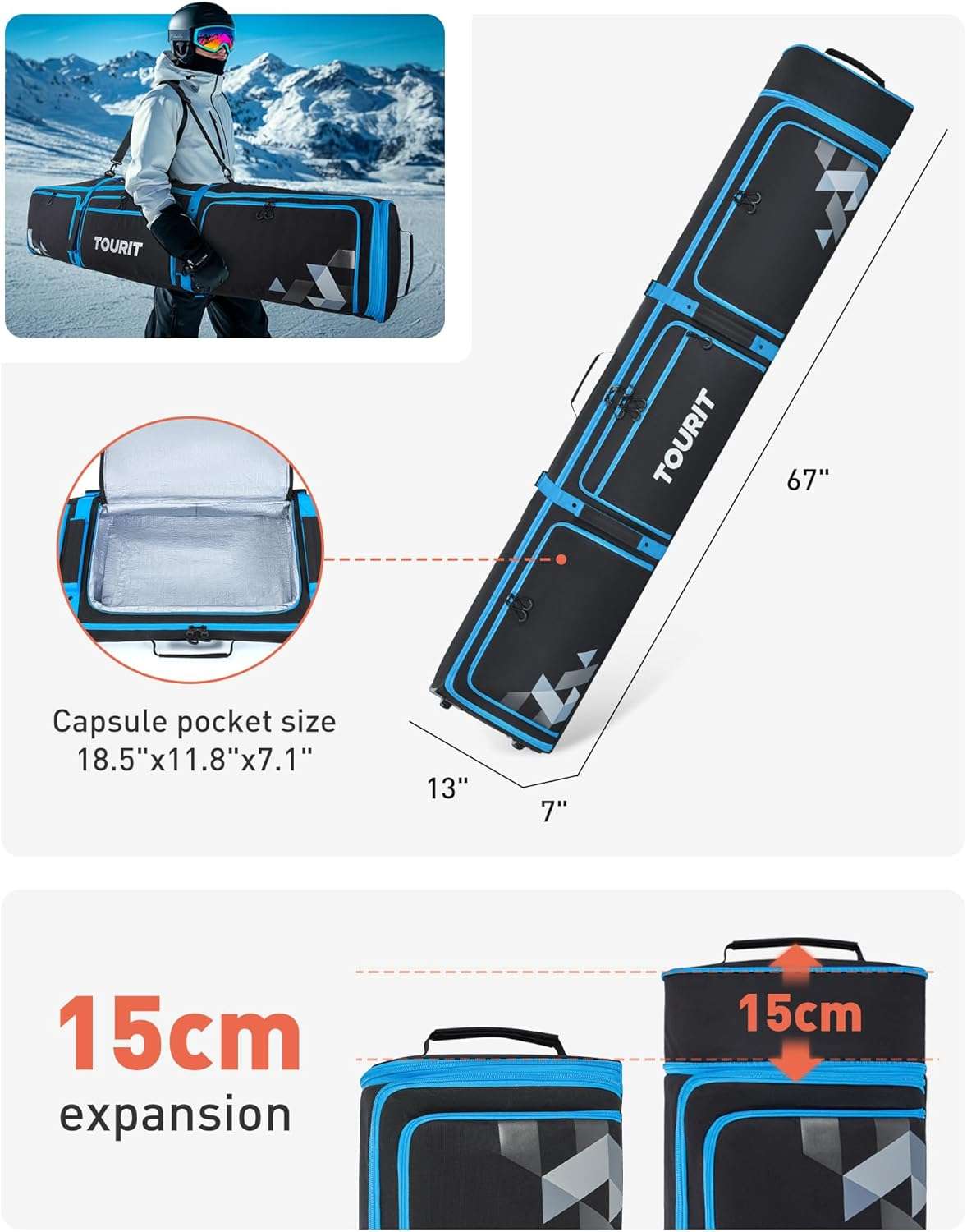 TOURIT Ski Bag with Wheels, Padded Snowboard Bag for Air Travel, Extendable from 170-185CM, 3 Outside Bags Fit ski boots, helmets, goggles - 5