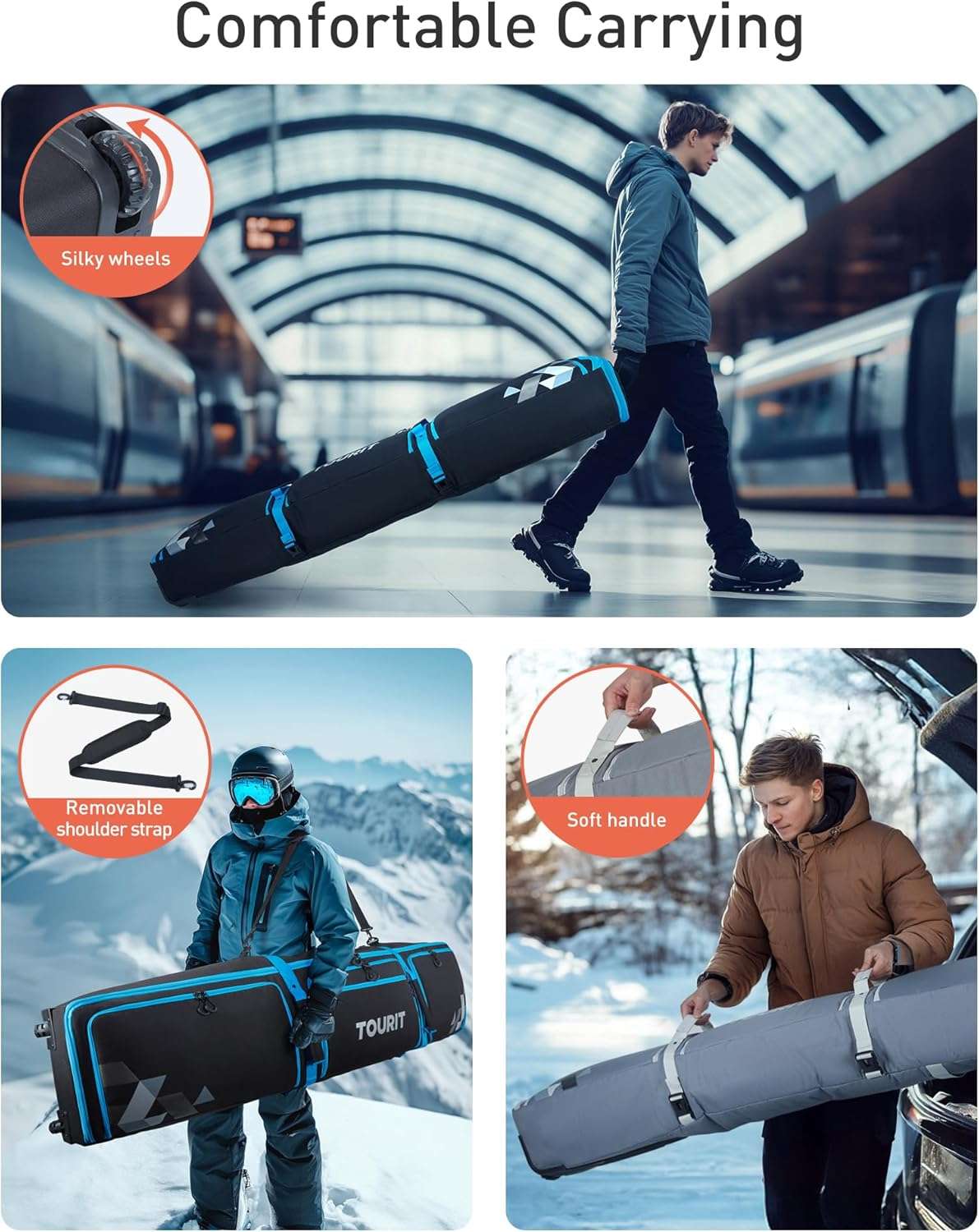 TOURIT Ski Bag with Wheels, Padded Snowboard Bag for Air Travel, Extendable from 170-185CM, 3 Outside Bags Fit ski boots, helmets, goggles - 6