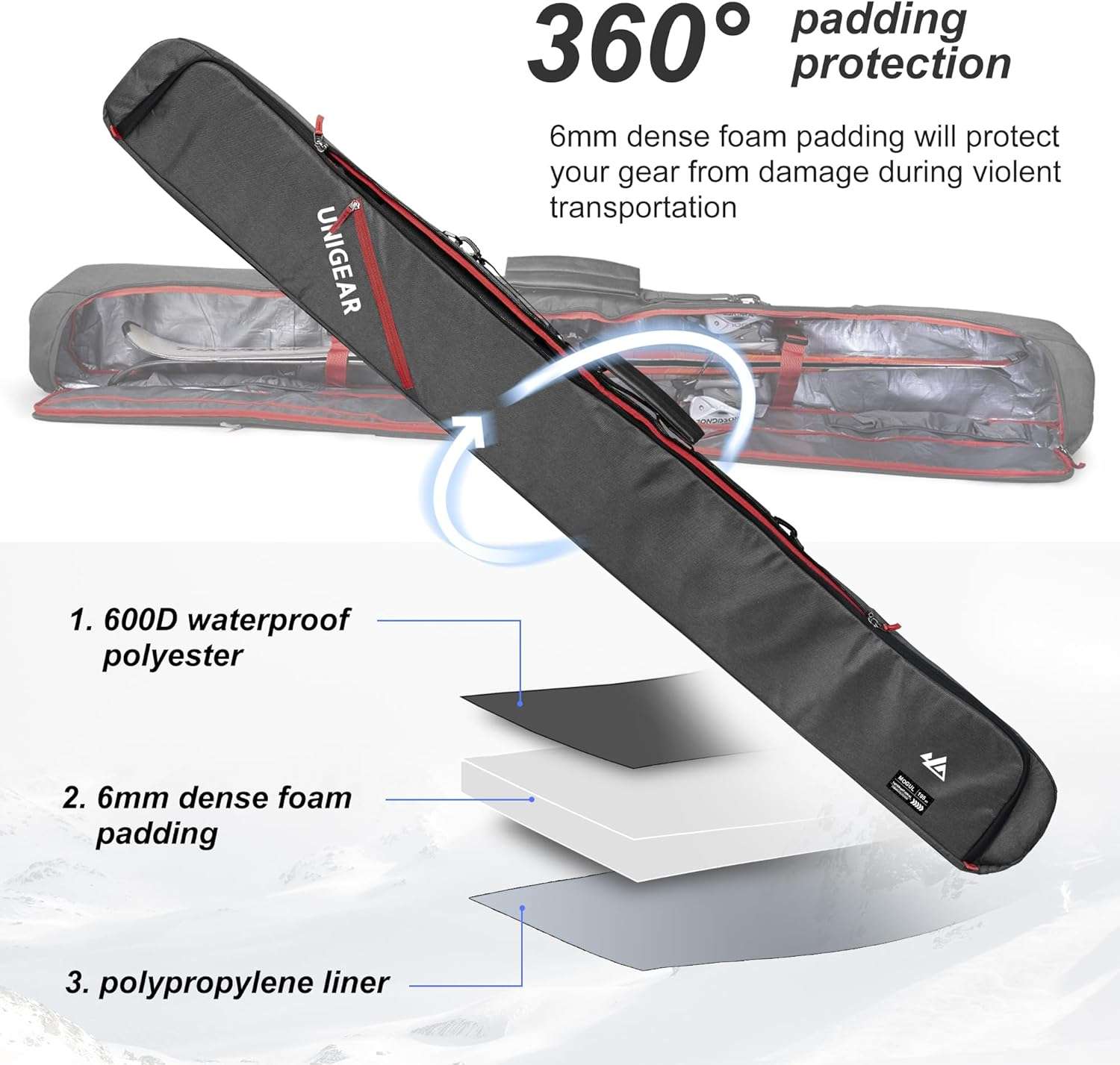 Unigear Ski Bag for Air Travel, 360° Fully Padded Protection, Water-Resistant and Durable up to 192cm for Snow Air Travel Transport - 2
