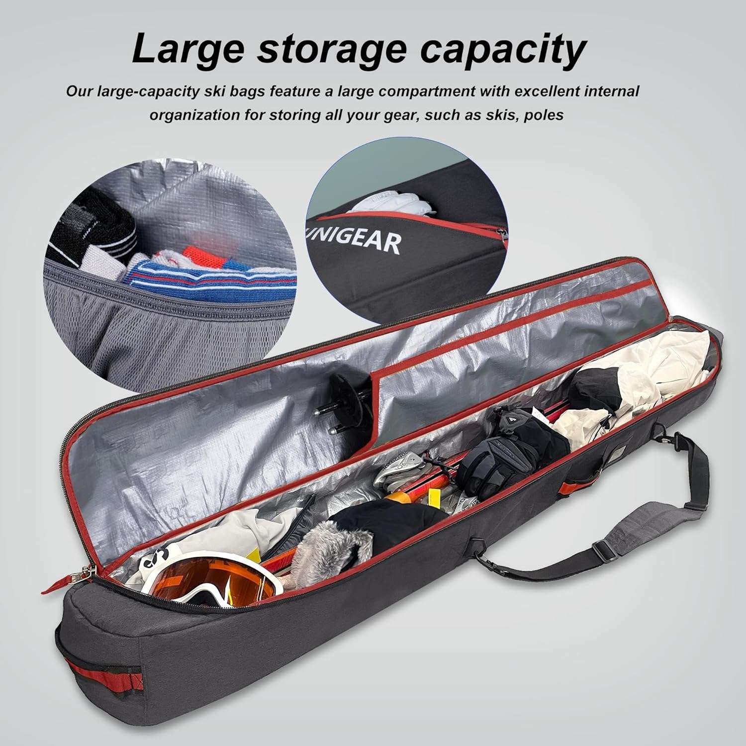 Unigear Ski Bag for Air Travel, 360° Fully Padded Protection, Water-Resistant and Durable up to 192cm for Snow Air Travel Transport - 3