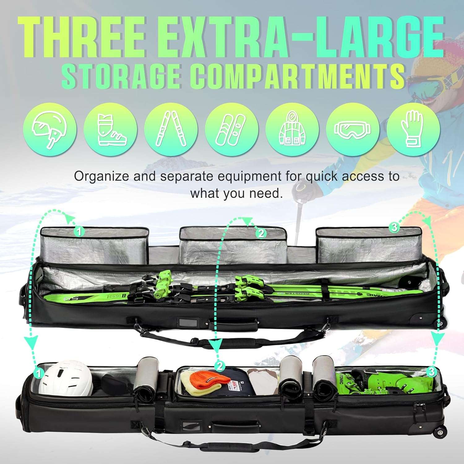 Double Rolling Ski Bag Padded Waterproof Snowboard Bag with Wheels for Air Travel Wheeled Ski Bag for Snowboard or Skis Accommodates Ski Boot - 3