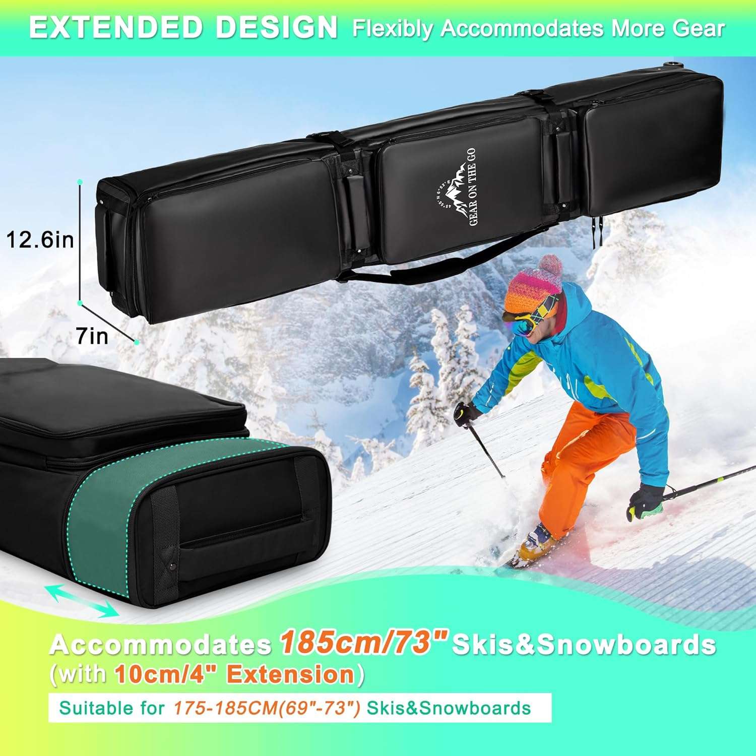 Double Rolling Ski Bag Padded Waterproof Snowboard Bag with Wheels for Air Travel Wheeled Ski Bag for Snowboard or Skis Accommodates Ski Boot - 8