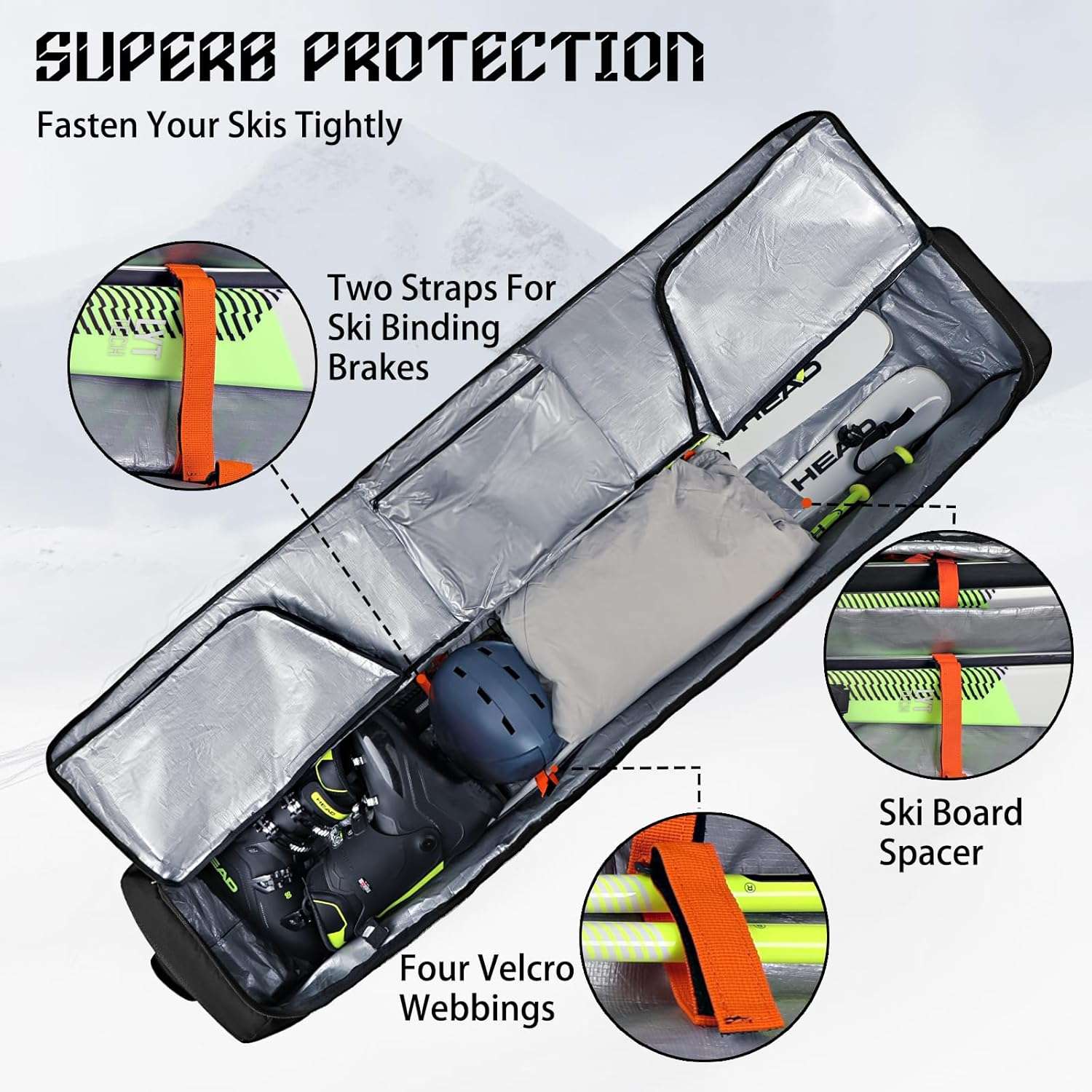 Goloni Ski Bag with Wheels,Padded Snowboard Bag for Air Travel,600D Waterproof Fabric,Foldable Snow Bag Fits 2 Pairs Skis - 2