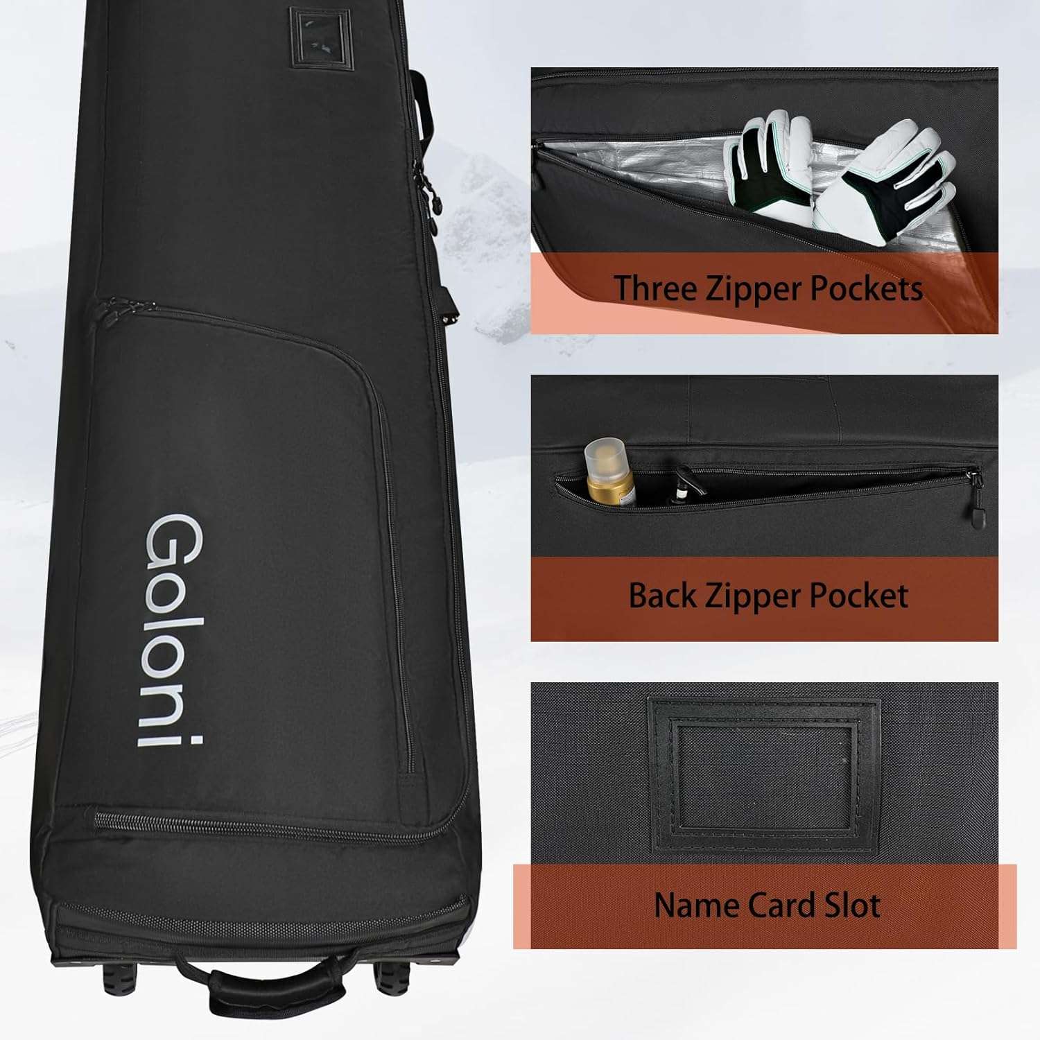 Goloni Ski Bag with Wheels,Padded Snowboard Bag for Air Travel,600D Waterproof Fabric,Foldable Snow Bag Fits 2 Pairs Skis - 3