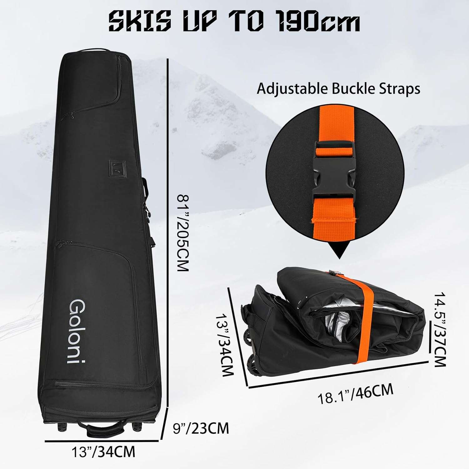 Goloni Ski Bag with Wheels,Padded Snowboard Bag for Air Travel,600D Waterproof Fabric,Foldable Snow Bag Fits 2 Pairs Skis - 5