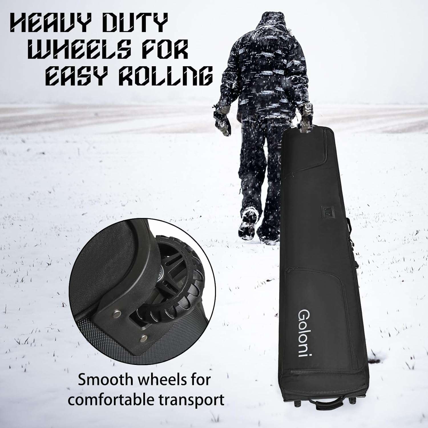 Goloni Ski Bag with Wheels,Padded Snowboard Bag for Air Travel,600D Waterproof Fabric,Foldable Snow Bag Fits 2 Pairs Skis - 6
