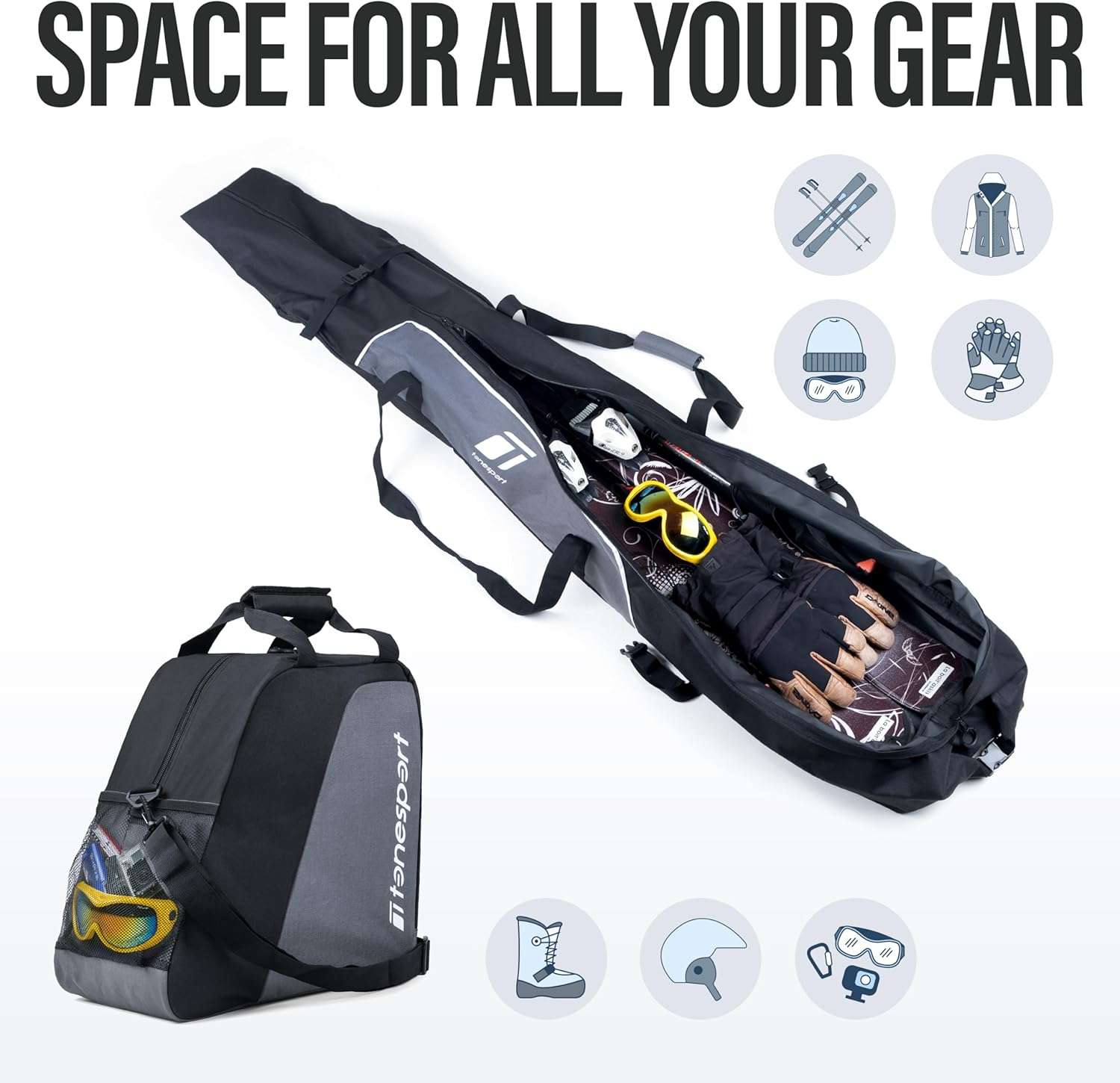 Ski Bag and Boot Bag Combo - Ski Bags for Air Travel - Unpadded Snow Ski Bags - For Skis Up to 180cm - 3