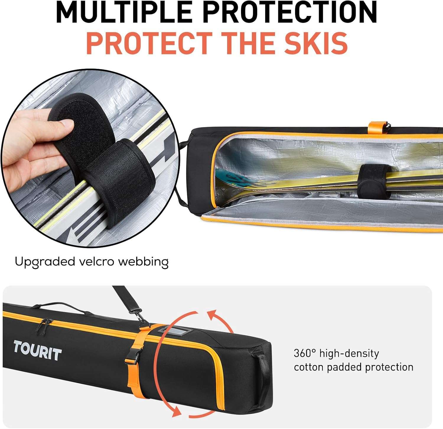 TOURIT Ski Bag for Air Travel - 360° Fully Padded Protection, 900D Oxford Water-Resistant, Independent Storage for Pole, Velcro Strap for Ski, Large Capacity Single Ski Carry Bag for Ski Gear - 2