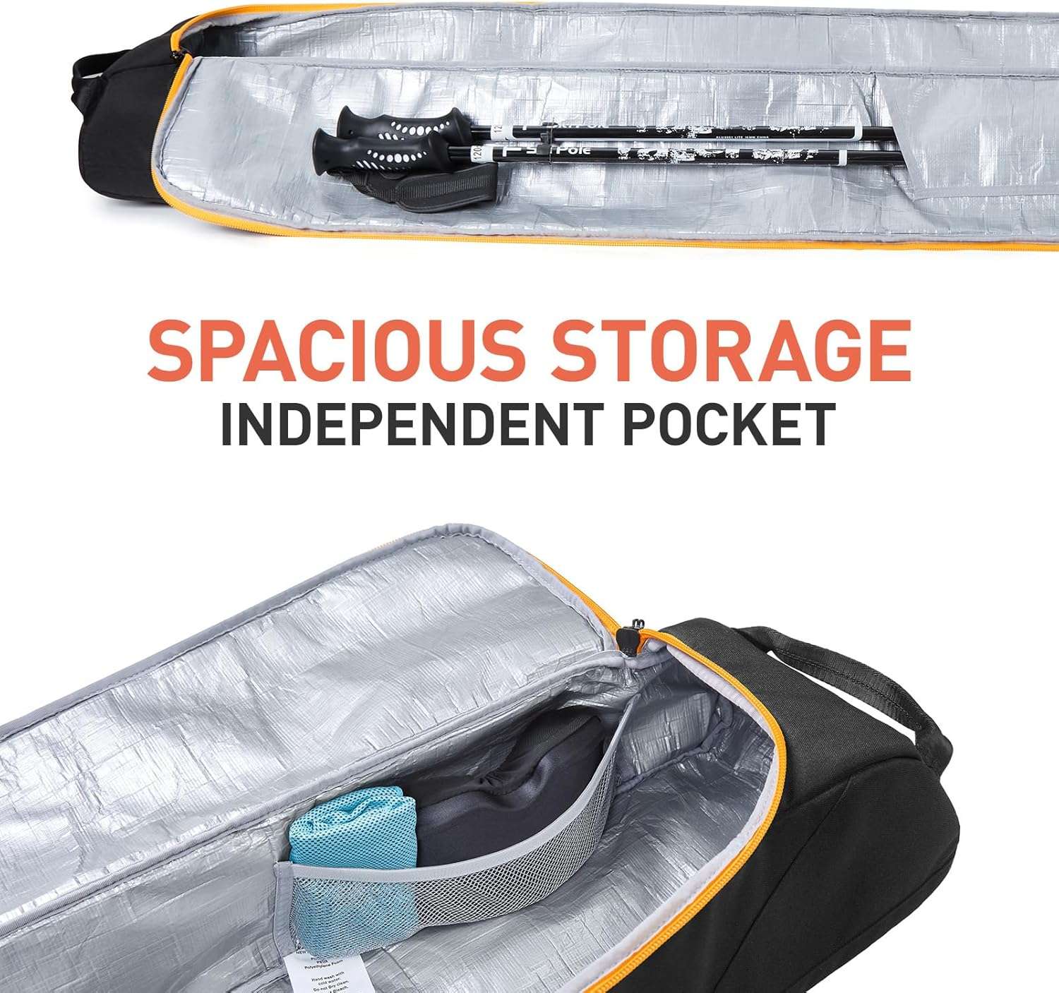 TOURIT Ski Bag for Air Travel - 360° Fully Padded Protection, 900D Oxford Water-Resistant, Independent Storage for Pole, Velcro Strap for Ski, Large Capacity Single Ski Carry Bag for Ski Gear - 3