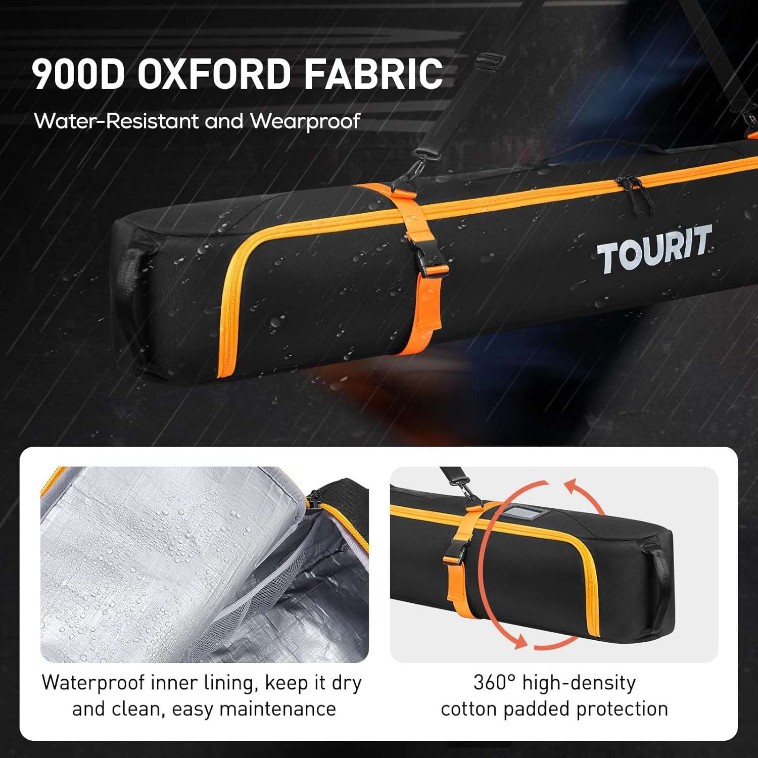 TOURIT Ski Bag for Air Travel - 360° Fully Padded Protection, 900D Oxford Water-Resistant, Independent Storage for Pole, Velcro Strap for Ski, Large Capacity Single Ski Carry Bag for Ski Gear - 4