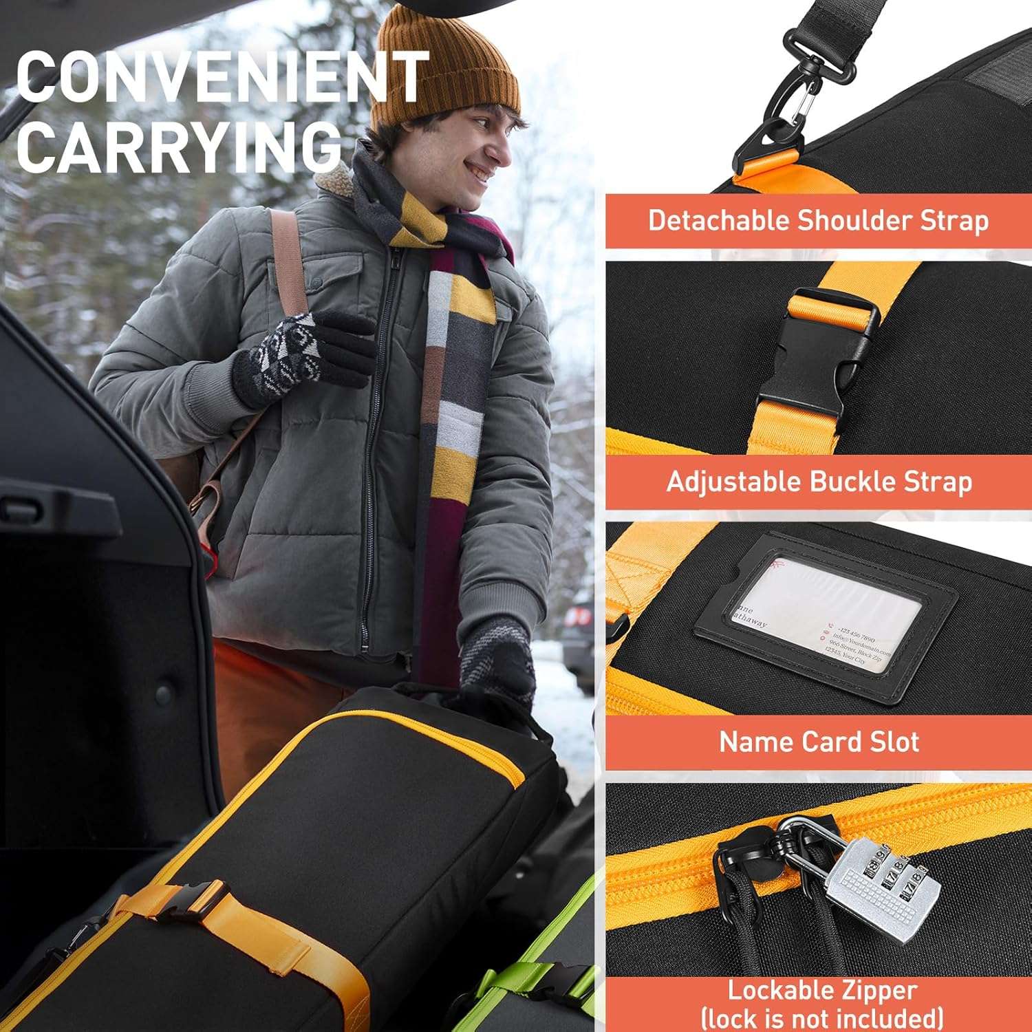 TOURIT Ski Bag for Air Travel - 360° Fully Padded Protection, 900D Oxford Water-Resistant, Independent Storage for Pole, Velcro Strap for Ski, Large Capacity Single Ski Carry Bag for Ski Gear - 5