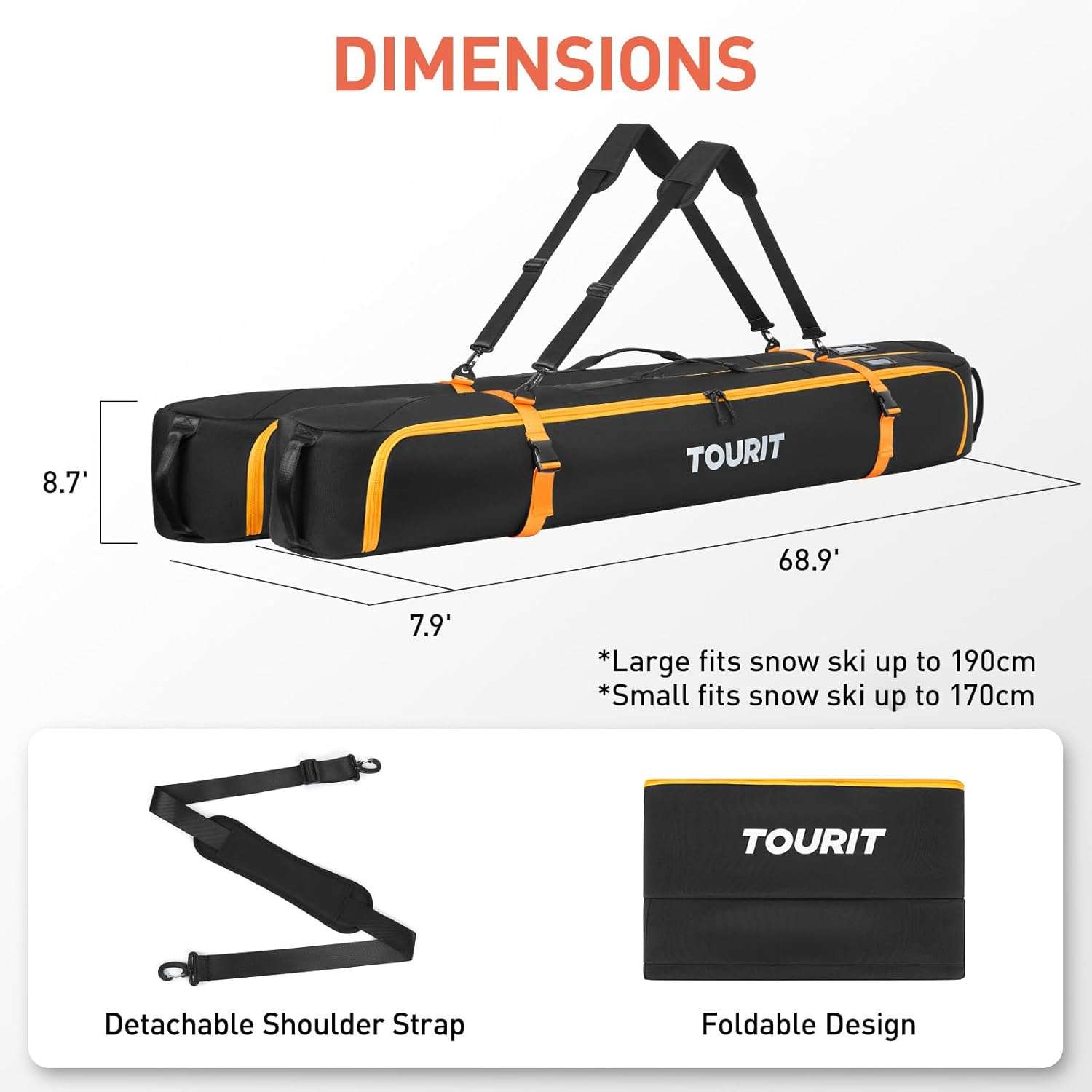 TOURIT Ski Bag for Air Travel - 360° Fully Padded Protection, 900D Oxford Water-Resistant, Independent Storage for Pole, Velcro Strap for Ski, Large Capacity Single Ski Carry Bag for Ski Gear - 6
