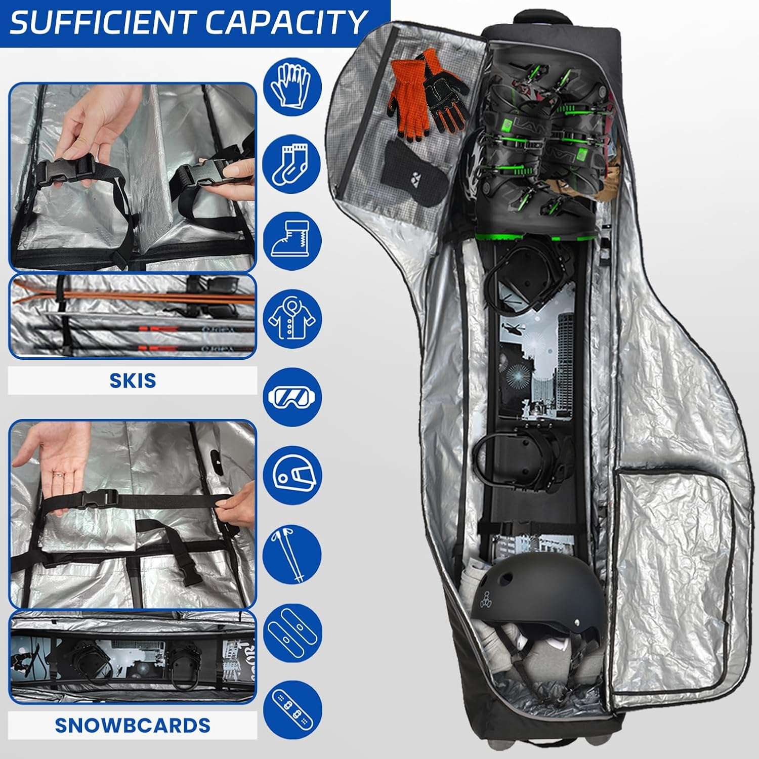 Padded Ski Bag with Wheels for Air Travel, Double Rolling Snowboard Bag Heavy Duty Waterproof for Storage & Transportation of Snowboard-Ski Gear - 2