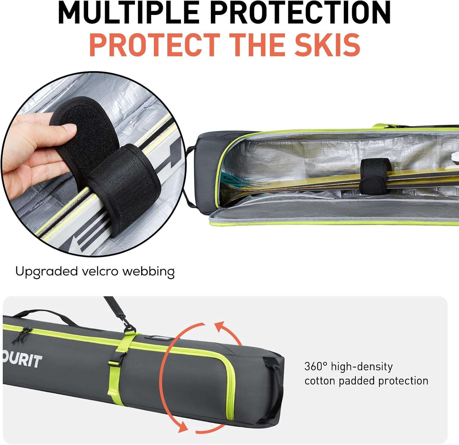 TOURIT Ski Bag for Air Travel - 360° Fully Padded Protection, 900D Oxford Water-Resistant, Independent Storage for Pole, Velcro Strap for Ski, Large Capacity Single Ski Carry Bag for Ski Gear - 2