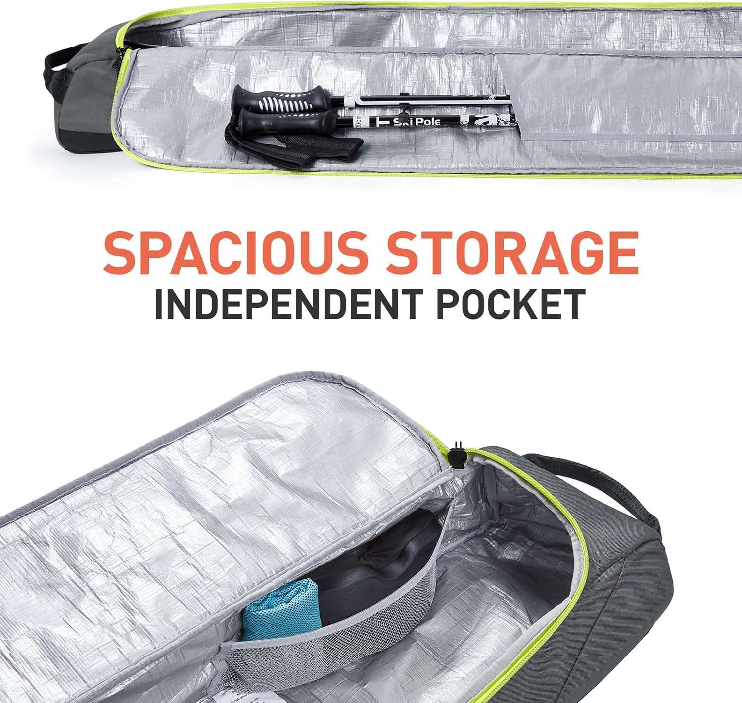 TOURIT Ski Bag for Air Travel - 360° Fully Padded Protection, 900D Oxford Water-Resistant, Independent Storage for Pole, Velcro Strap for Ski, Large Capacity Single Ski Carry Bag for Ski Gear - 3