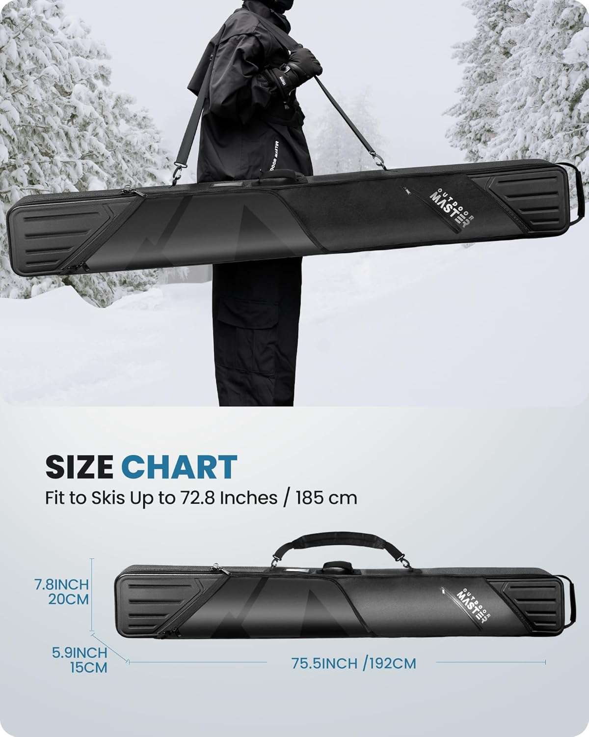 OutdoorMaster Ski Bag with Hard Shell On Both Ends, Ski Bags for Air Travel, Ski Case with Pockets and Removable Shoulder Straps - Up to 185cm Ski Boards - 7