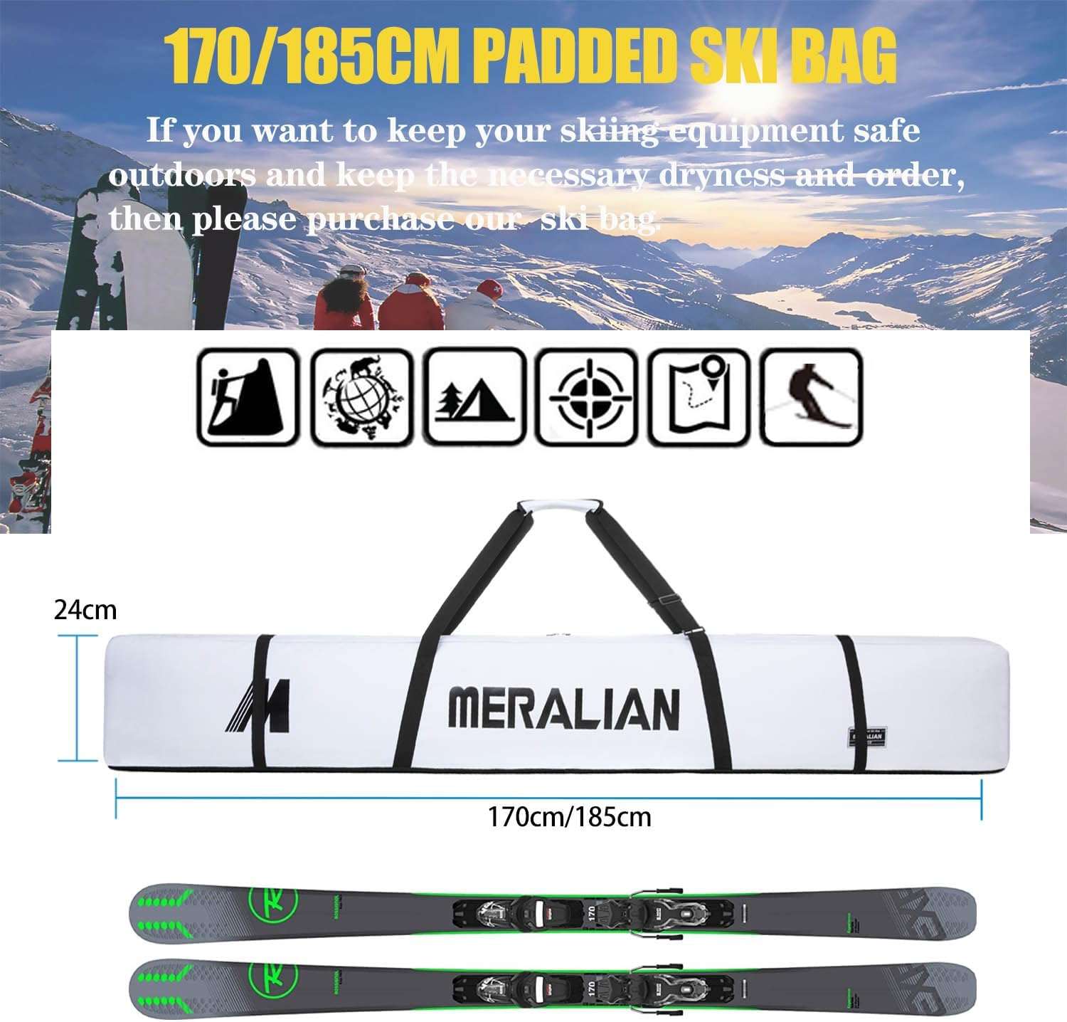 Padded Ski Bag,Waterproof Full Padded Single Ski Travel Bag with Adjustable Shoulder Strap. - 3