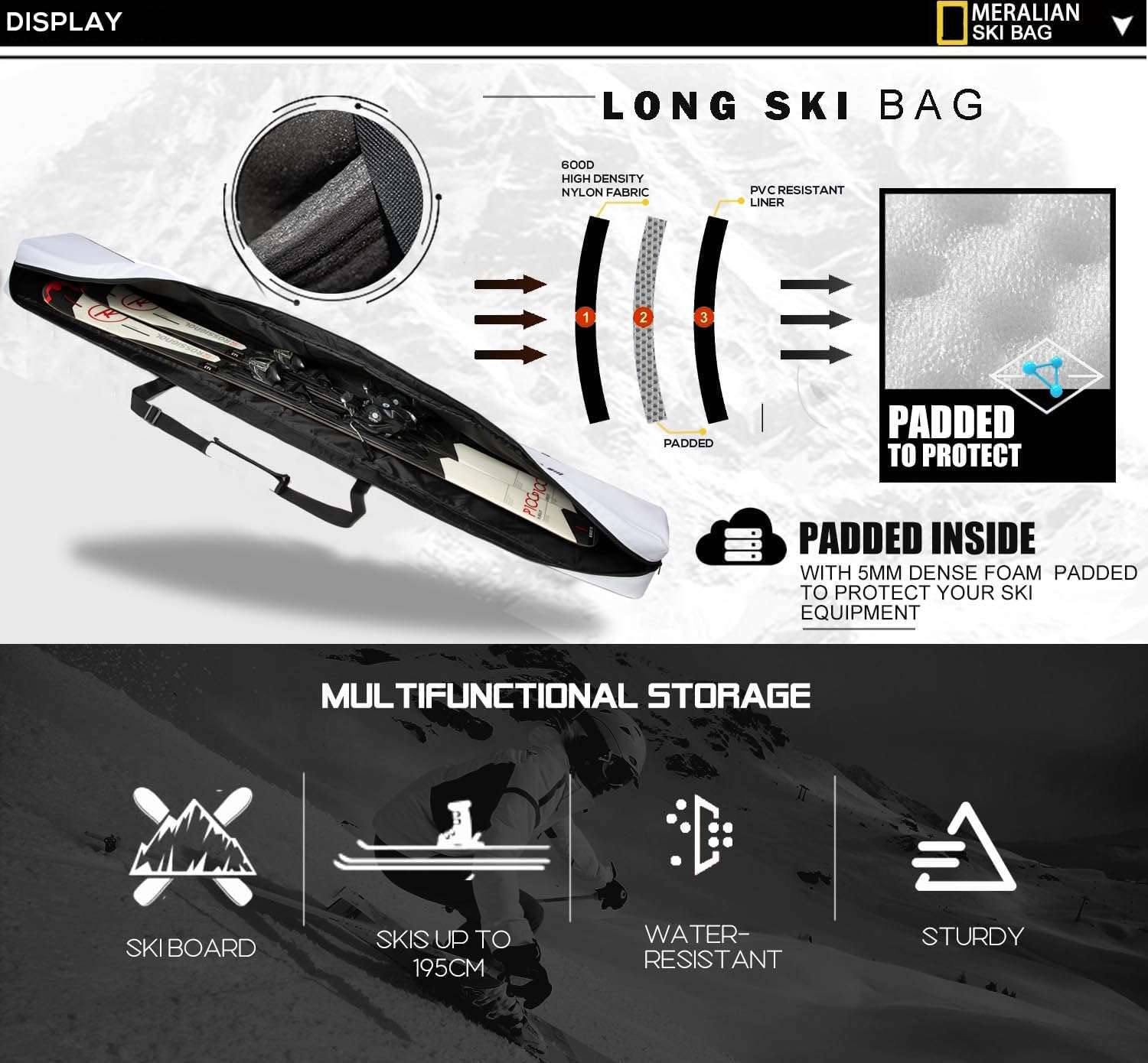 Padded Ski Bag,Waterproof Full Padded Single Ski Travel Bag with Adjustable Shoulder Strap. - 4