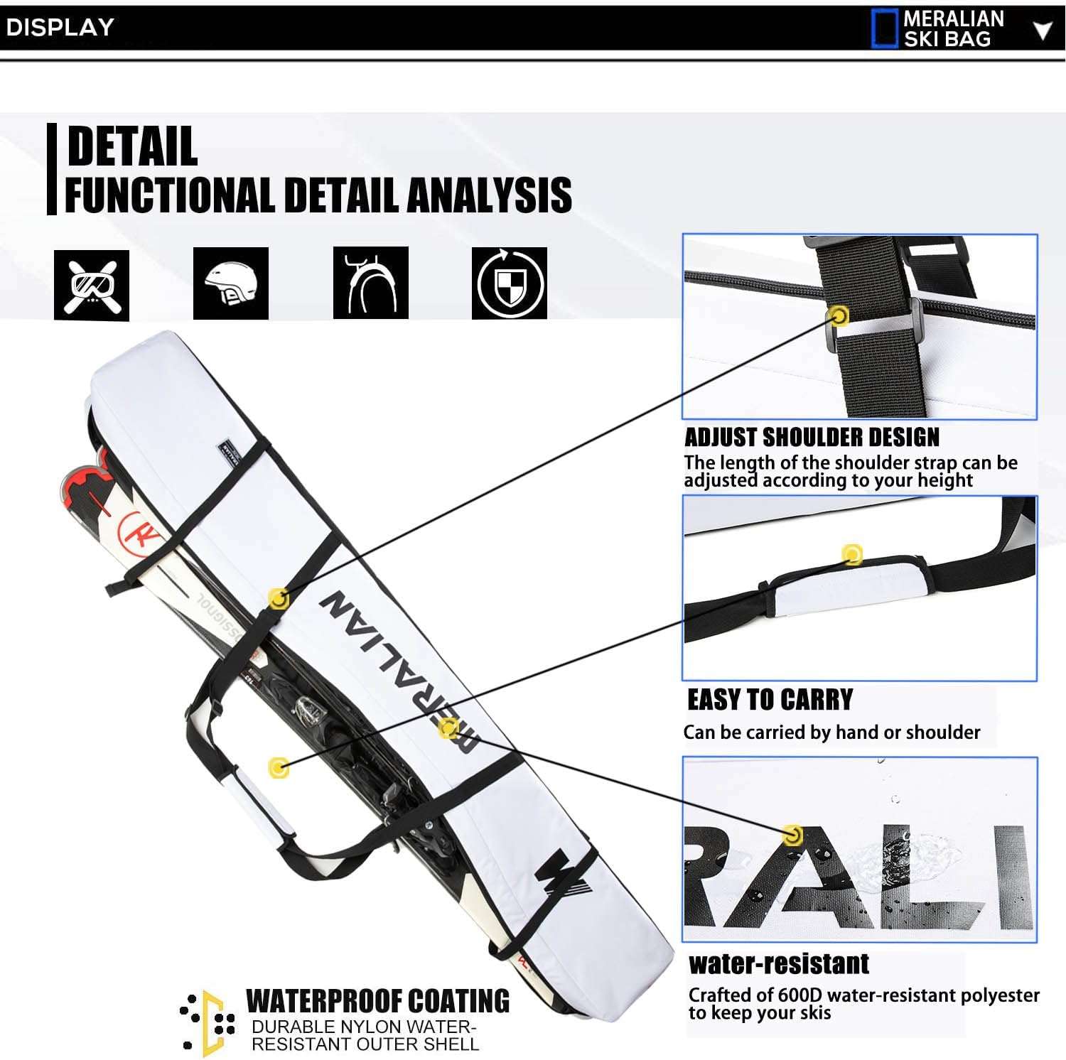 Padded Ski Bag,Waterproof Full Padded Single Ski Travel Bag with Adjustable Shoulder Strap. - 6
