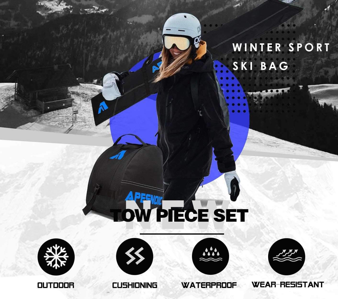 Padded Two-Piece Ski and Boot Bag Combo - Water-Resistant Travel Bag Fits Skis Up to 200 cm & Boots Size 13 With 5mm Foam Gear Bag - 3