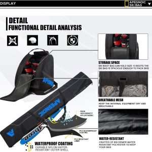 Padded Two-Piece Ski and Boot Bag Combo - Water-Resistant Travel Bag Fits Skis Up to 200 cm & Boots Size 13 With 5mm Foam Gear Bag - 4