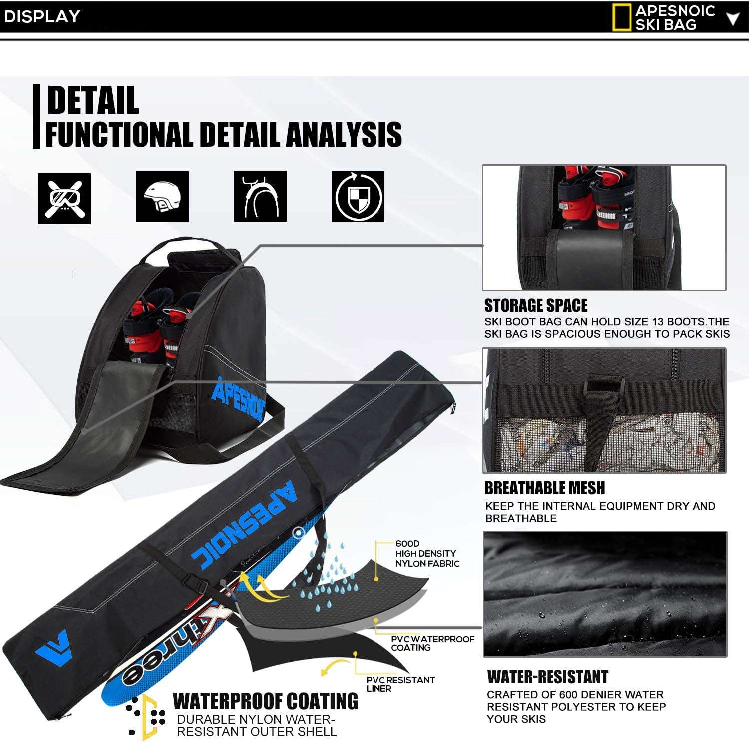 Padded Two-Piece Ski and Boot Bag Combo - Water-Resistant Travel Bag Fits Skis Up to 200 cm & Boots Size 13 With 5mm Foam Gear Bag - 4