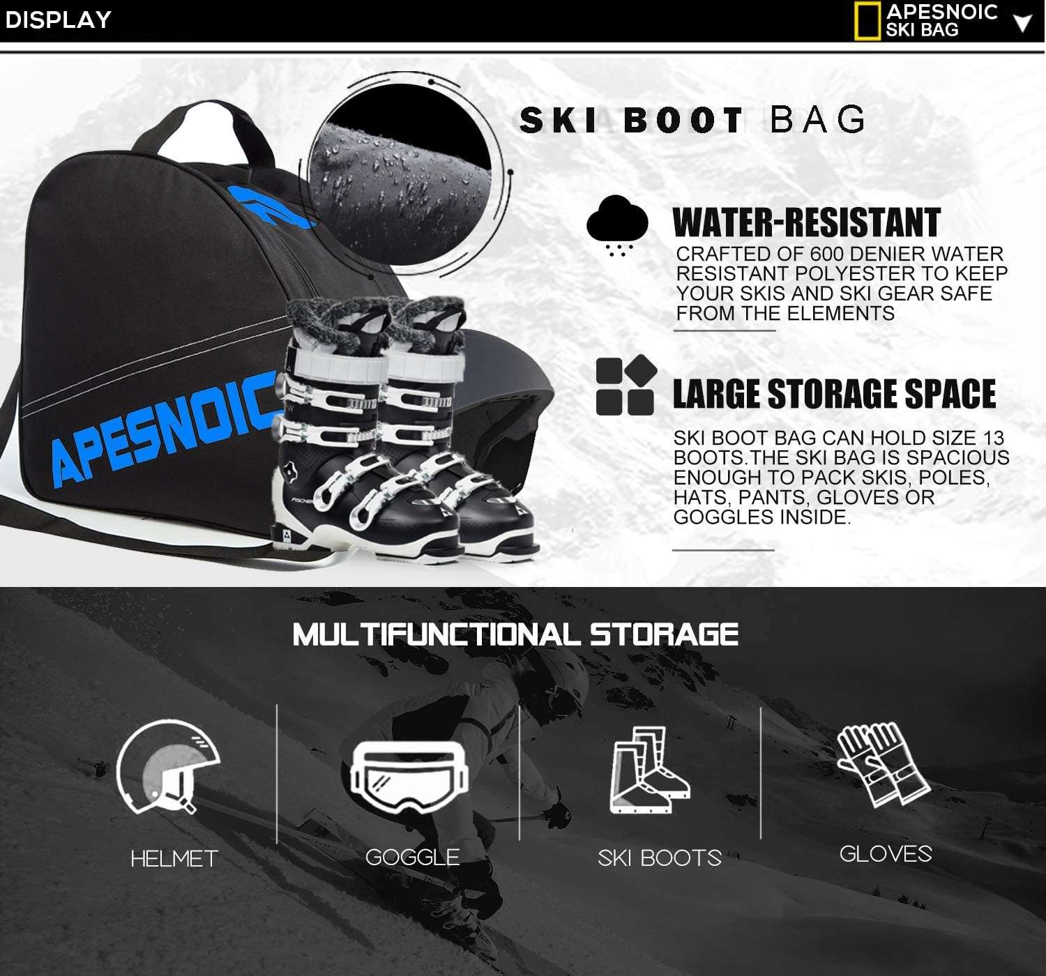 Padded Two-Piece Ski and Boot Bag Combo - Water-Resistant Travel Bag Fits Skis Up to 200 cm & Boots Size 13 With 5mm Foam Gear Bag - 5