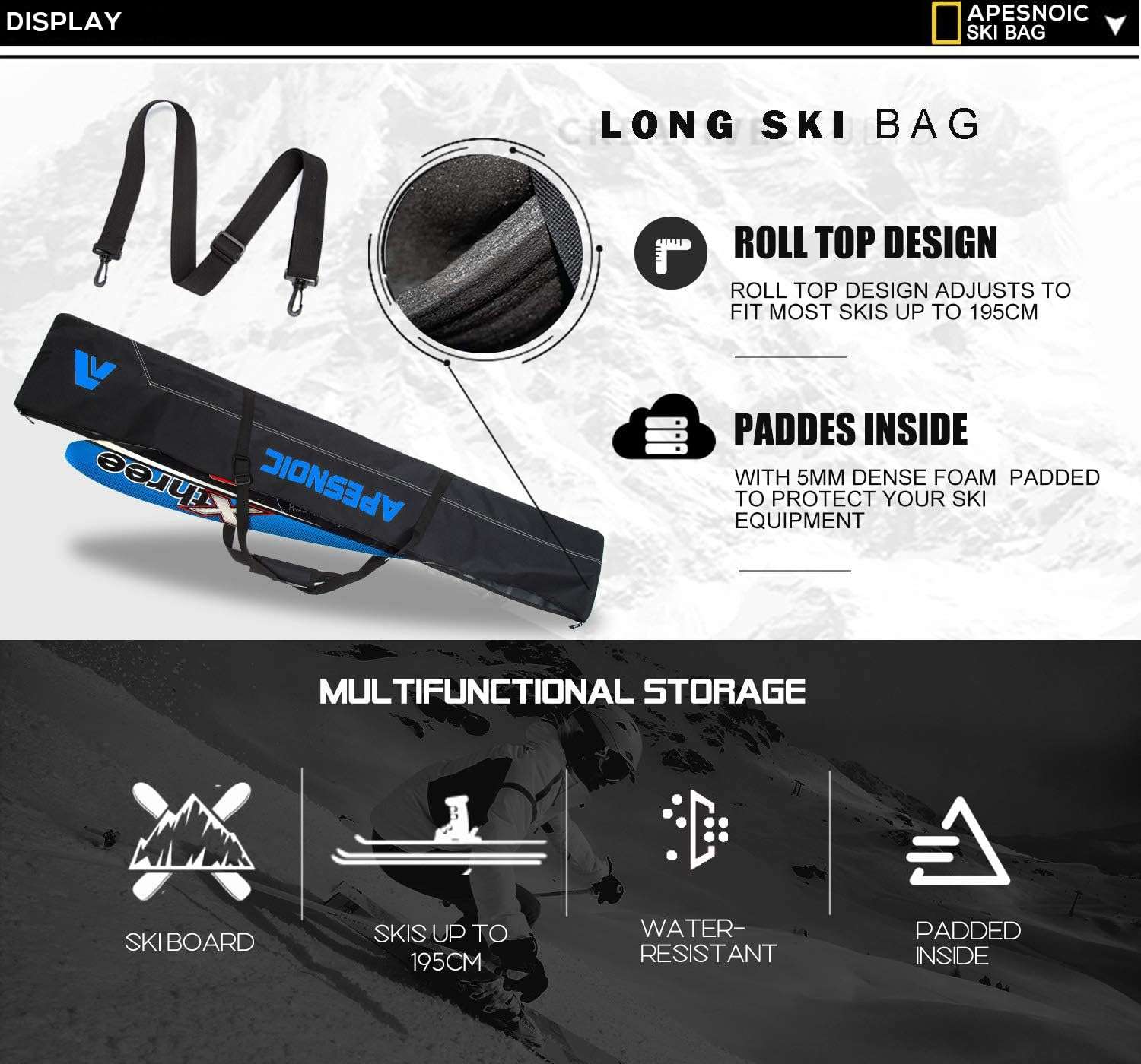 Padded Two-Piece Ski and Boot Bag Combo - Water-Resistant Travel Bag Fits Skis Up to 200 cm & Boots Size 13 With 5mm Foam Gear Bag - 6